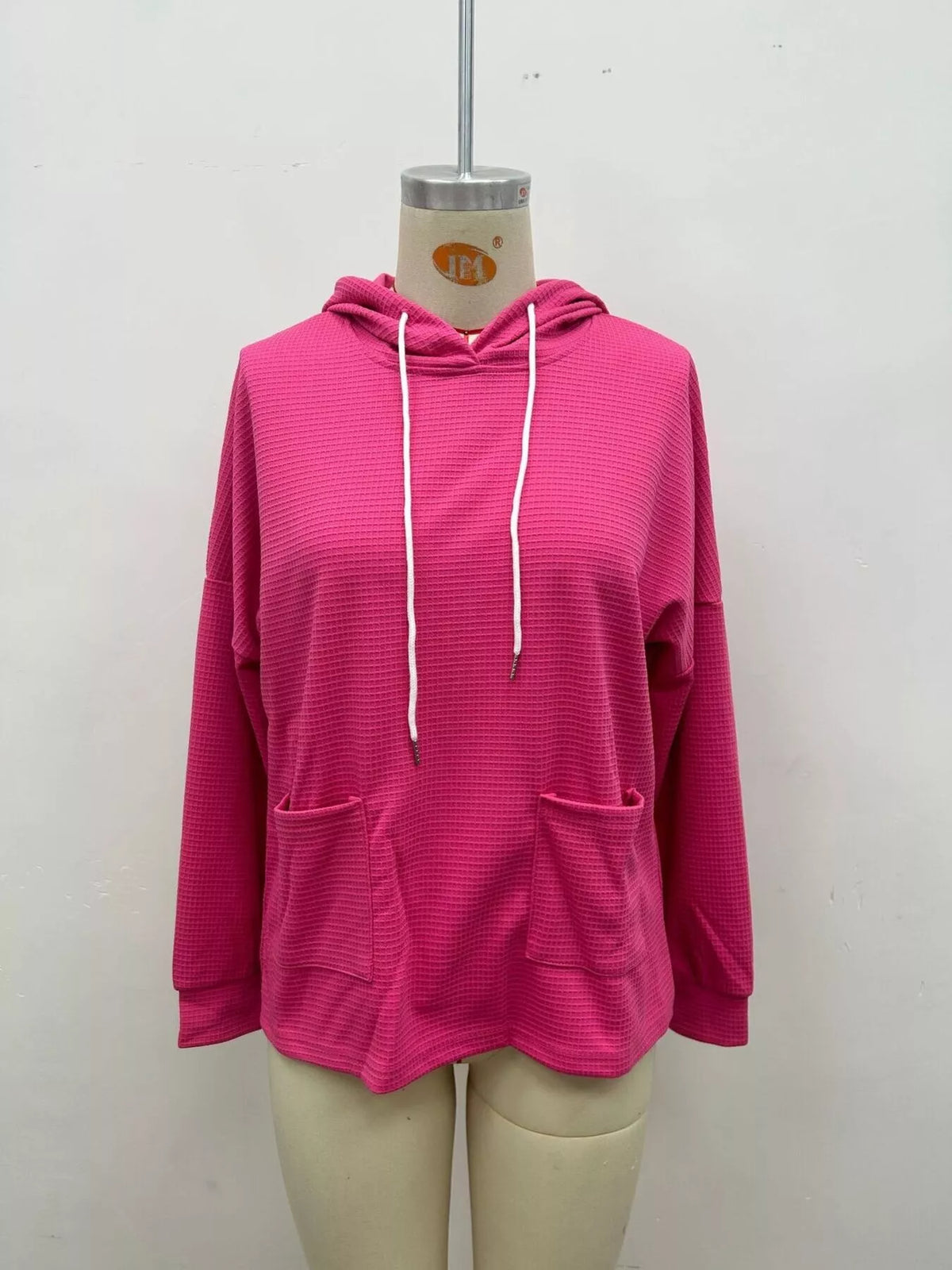 Women's Waffle Knit Drawstring Long Sleeve Hoodie in Cerise, alternate view