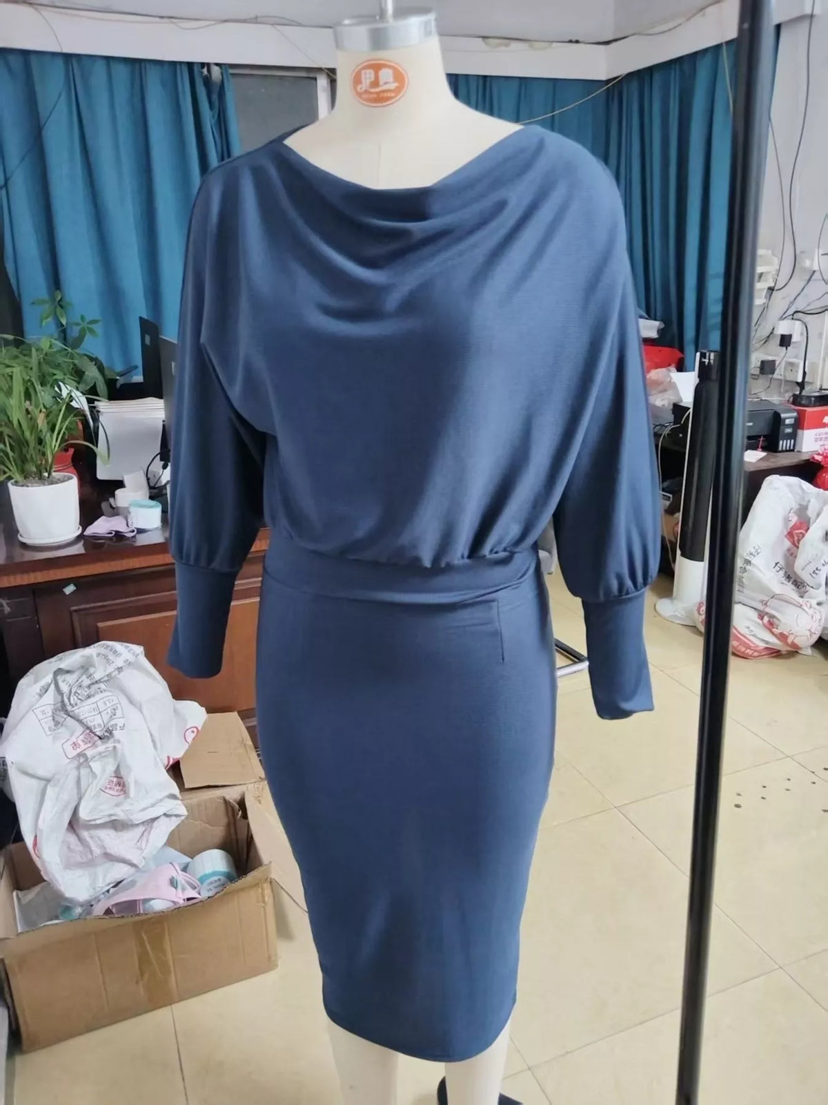 Cowl neck 3/4 sleeve knee dress, product view