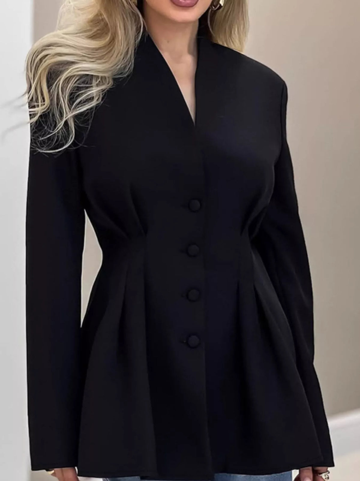 Peplum blazer, black covered-button front