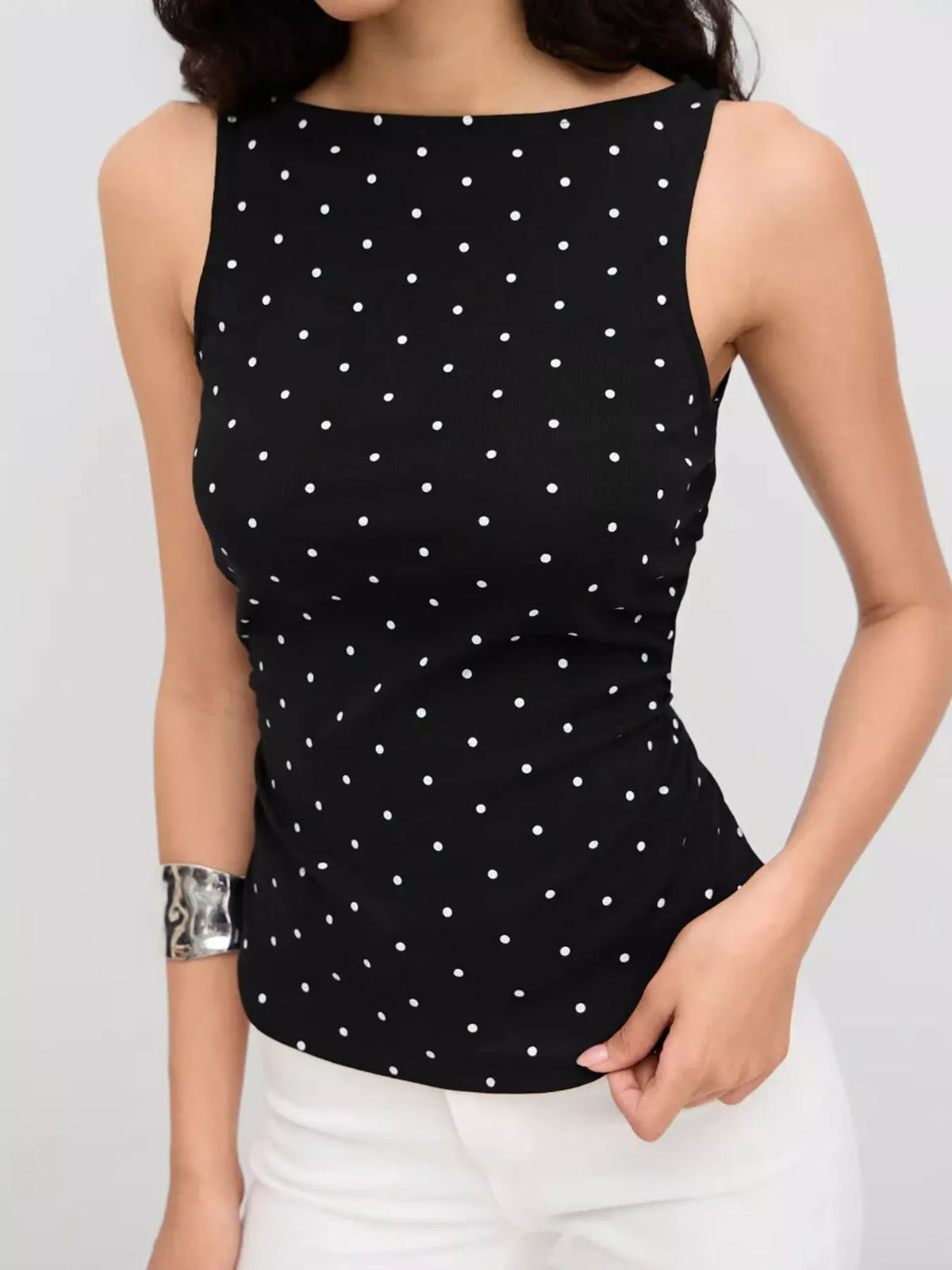 Polka Dot Print Sleeveless Tank Top with Tie Back in black