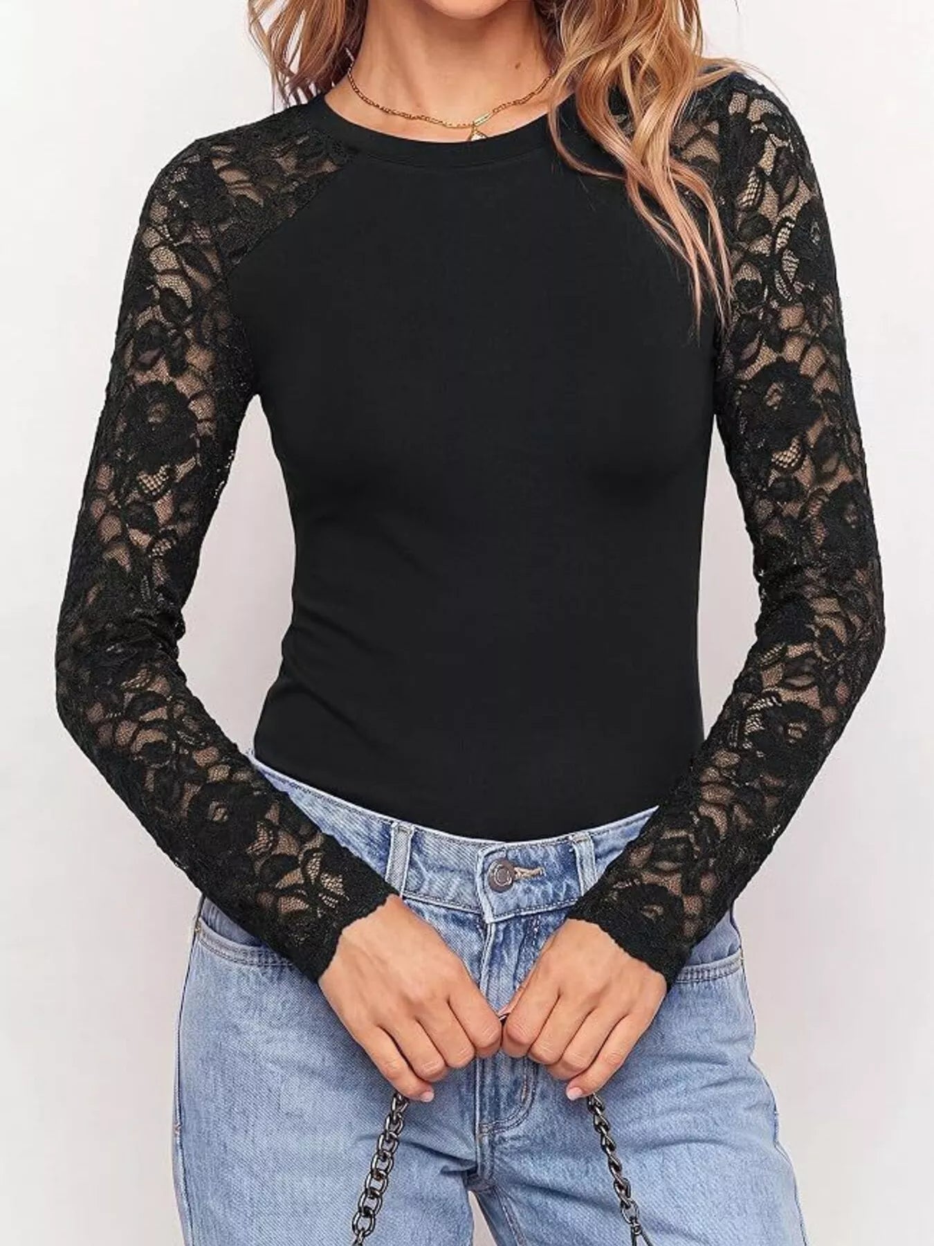 Trendsi Lace Long Sleeve Round Neck T-Shirt -