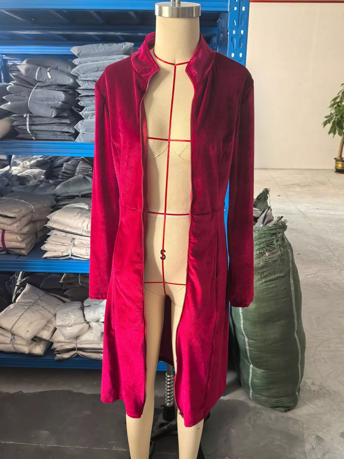Burgundy velvet zip-up longline jacket
