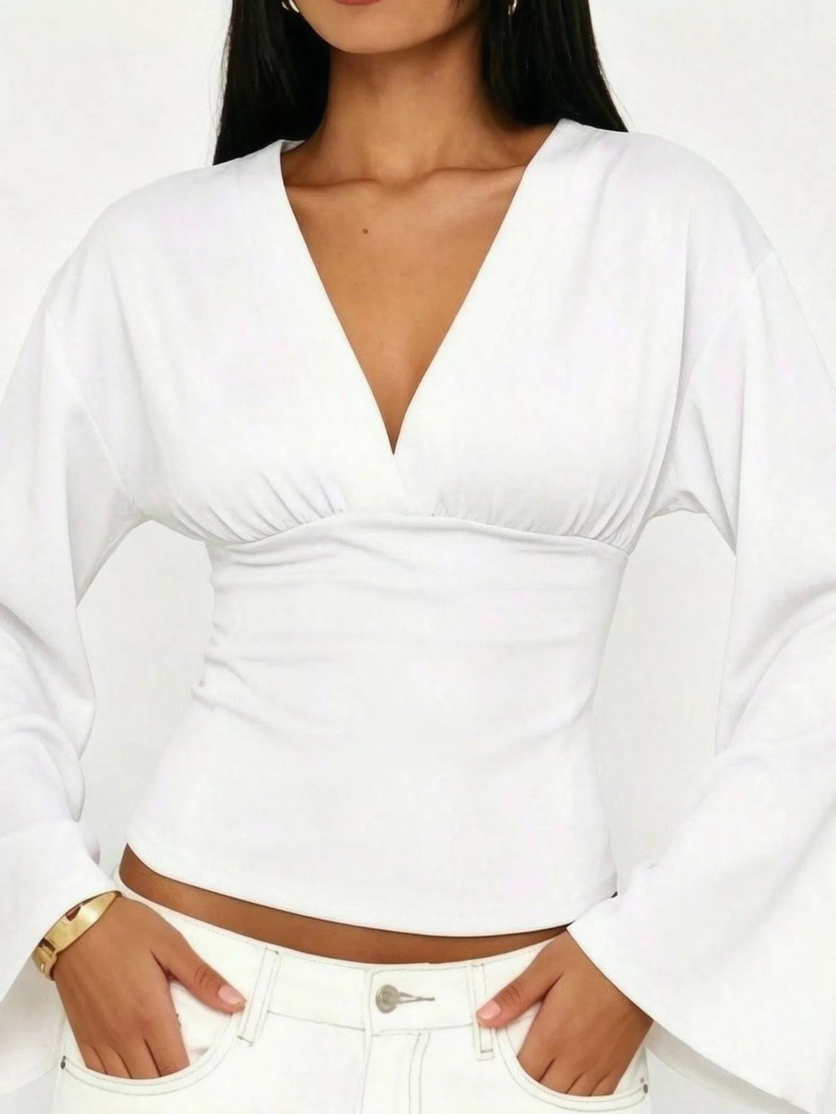 Women's V-Neck Flare Sleeve Blouse — detail view