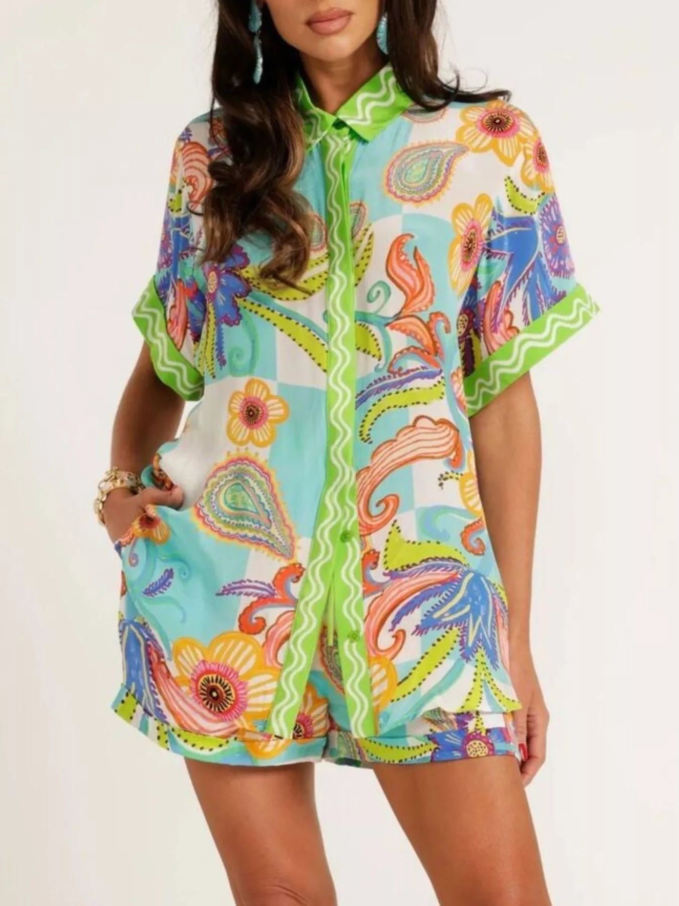 Trendsi Printed Button-Down Shirt and Shorts Set -