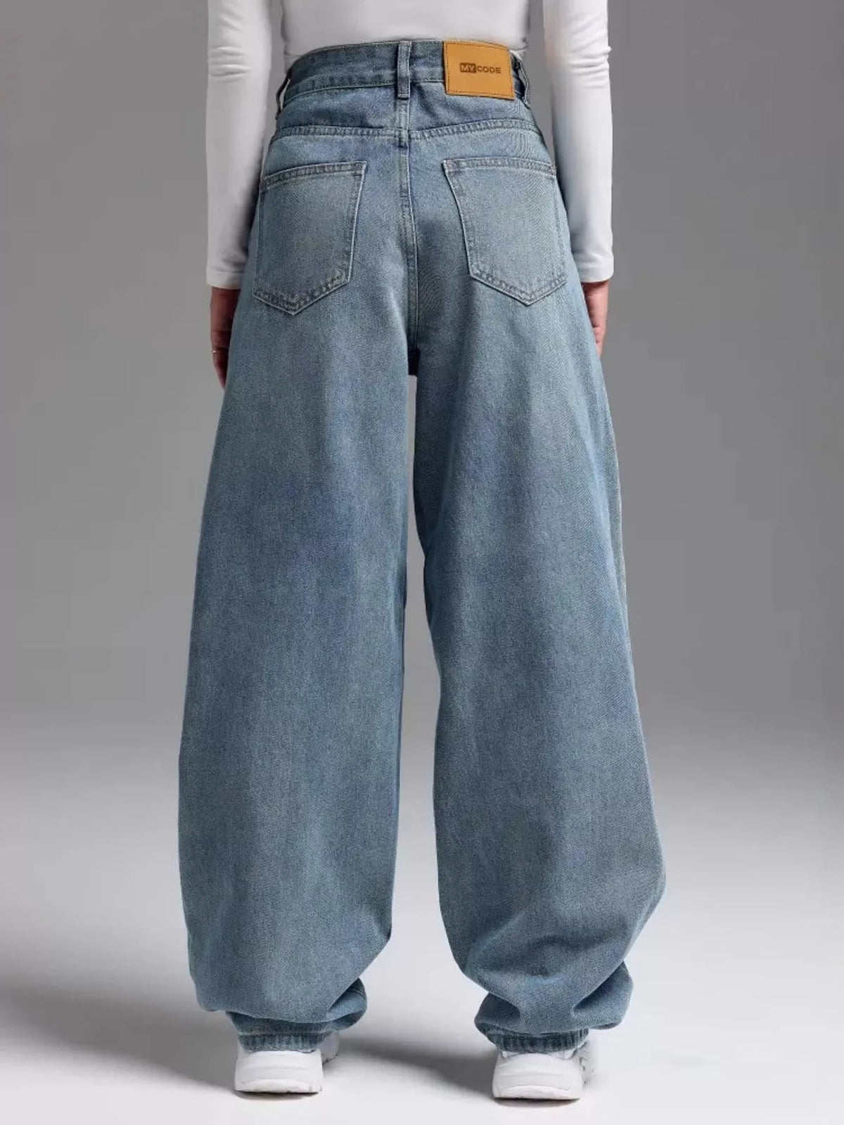 Wide-Leg Vintage Wash Jeans, back view in light blue