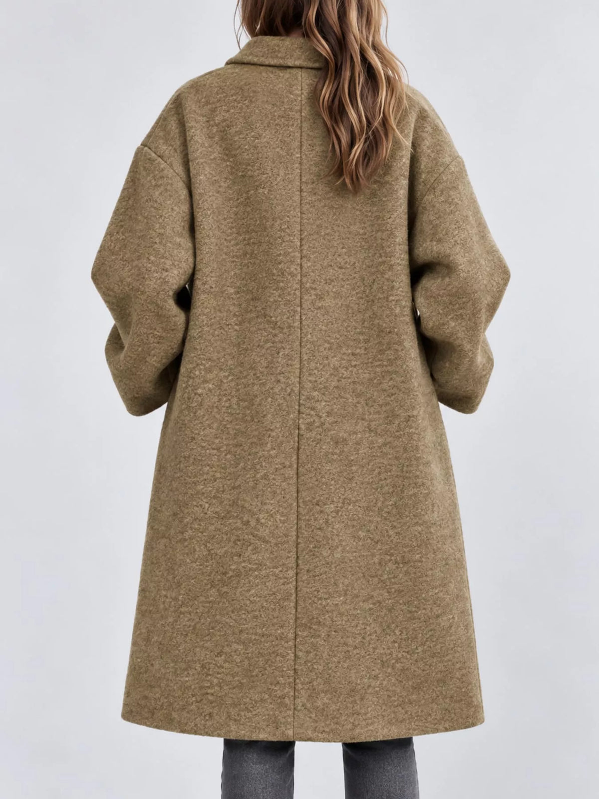 Brown lapel collar one button coat, back view
