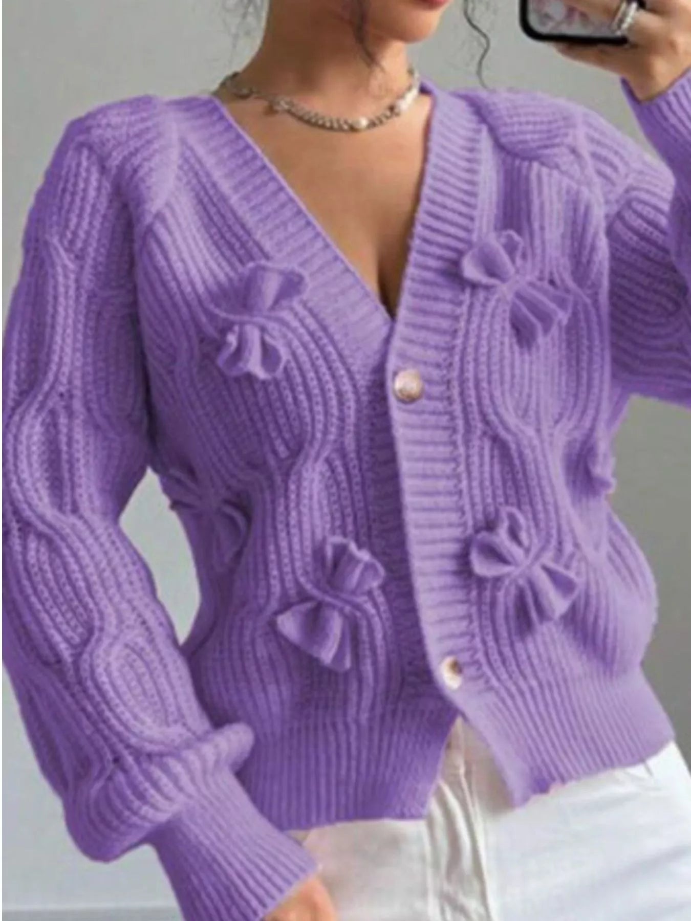 Trendsi Bow Cable Knit V-Neck Cardigan -