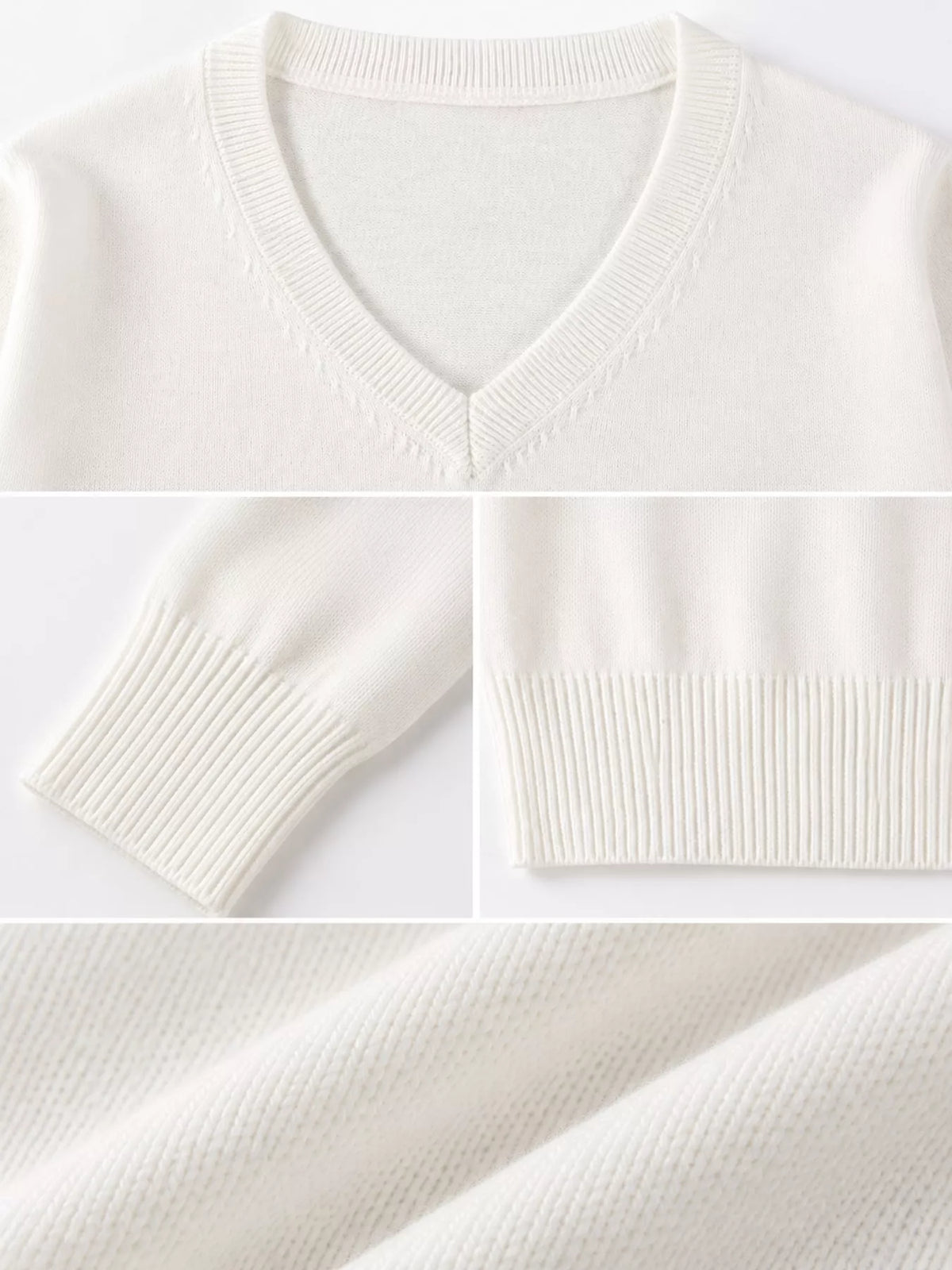 Women's V-Neck Long Sleeve Sweater in white — detail collage view