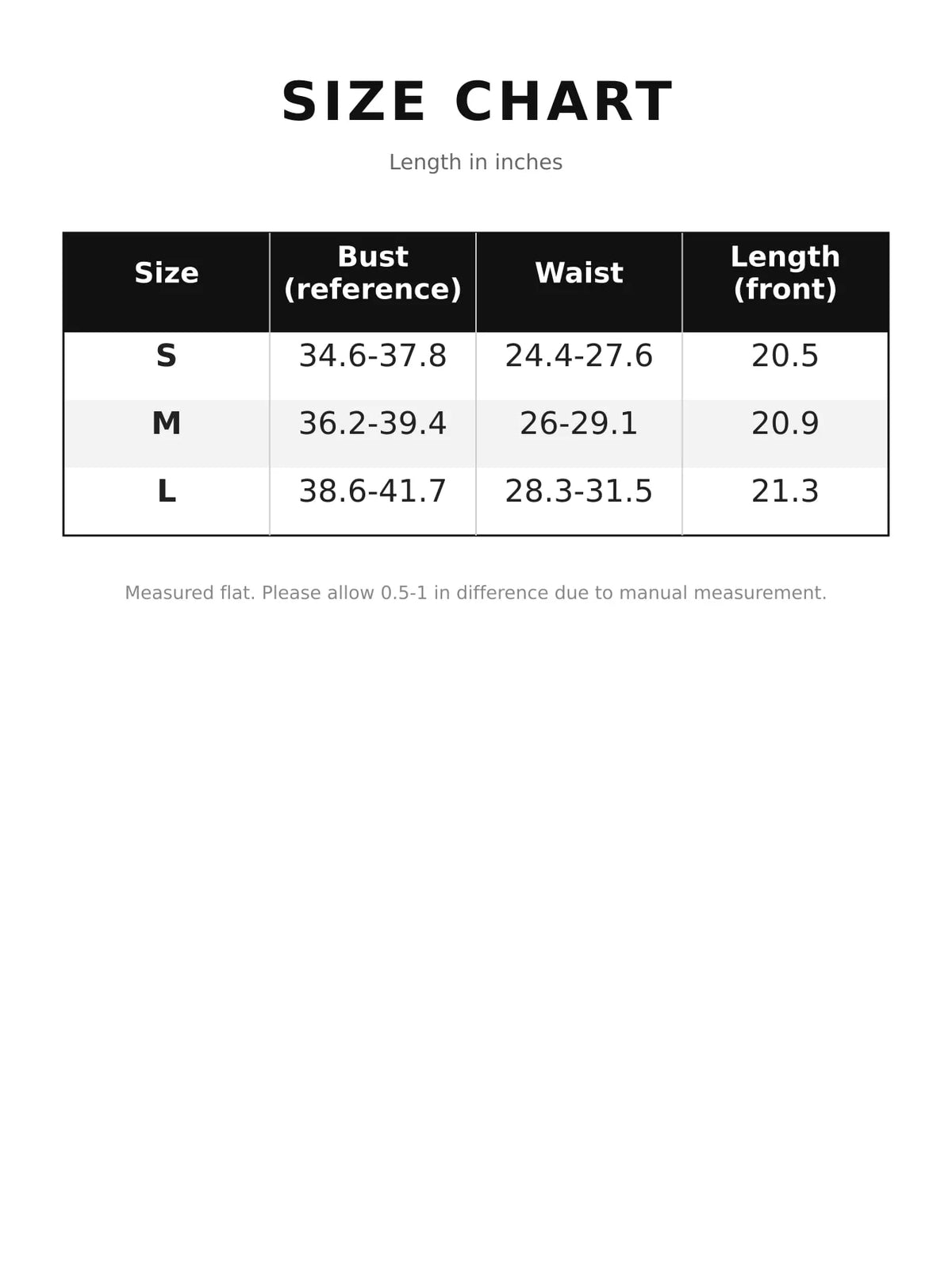 Size chart for lace detail halter neck cami