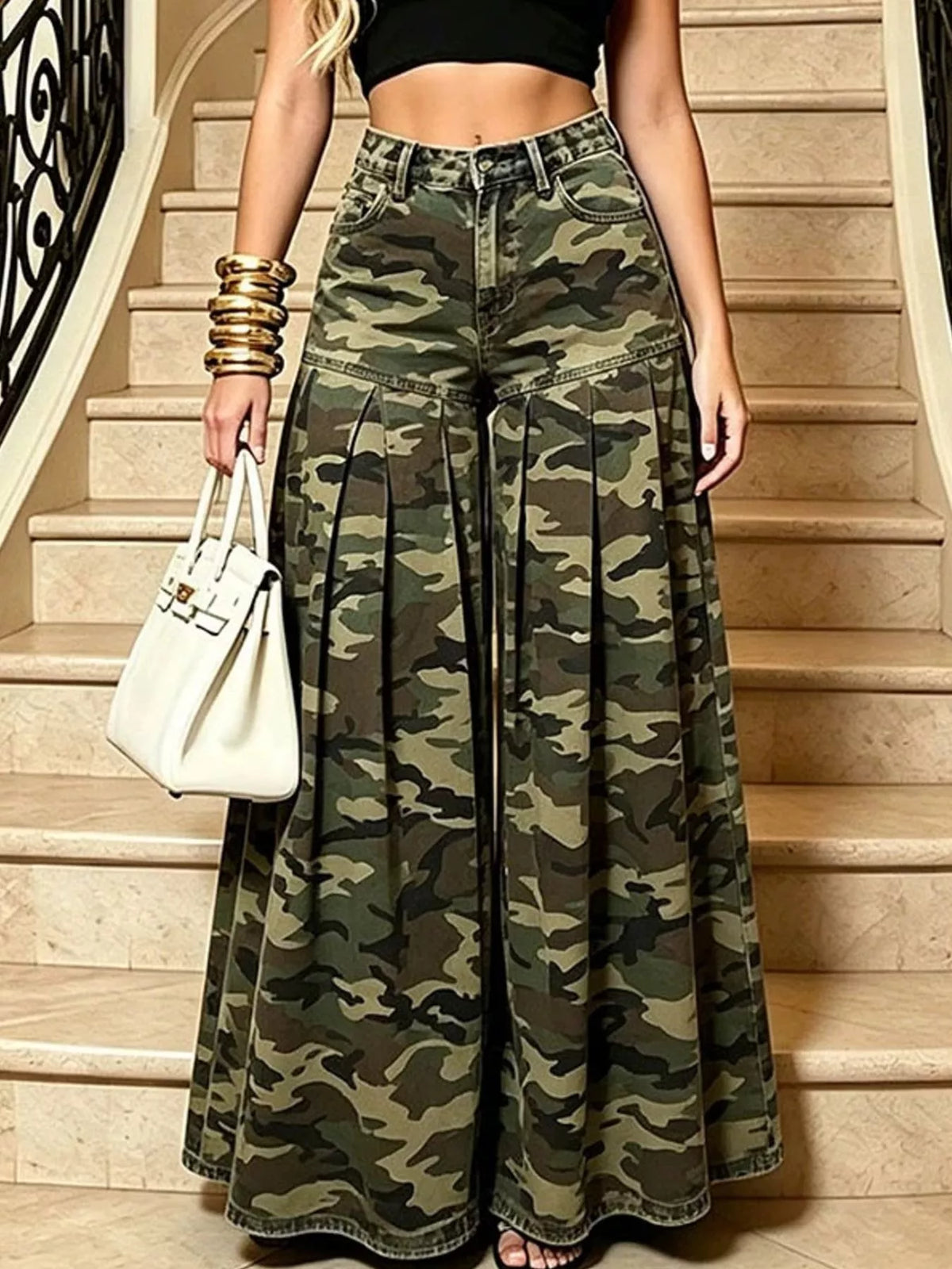 Green camouflage high-waisted camouflage wide-leg jeans — front view