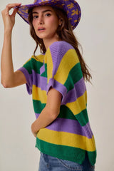 Trendsi SO ME Mardi Gras Loose Fit V Neck Stripe Sweater Top -