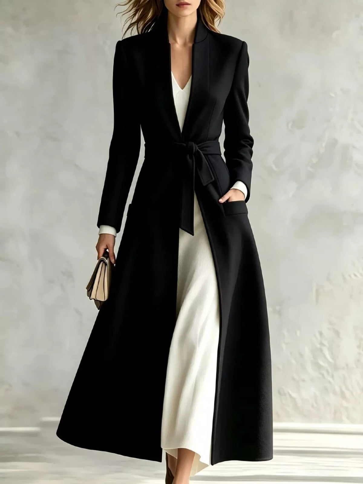 Black tie waist long sleeve coat — front view