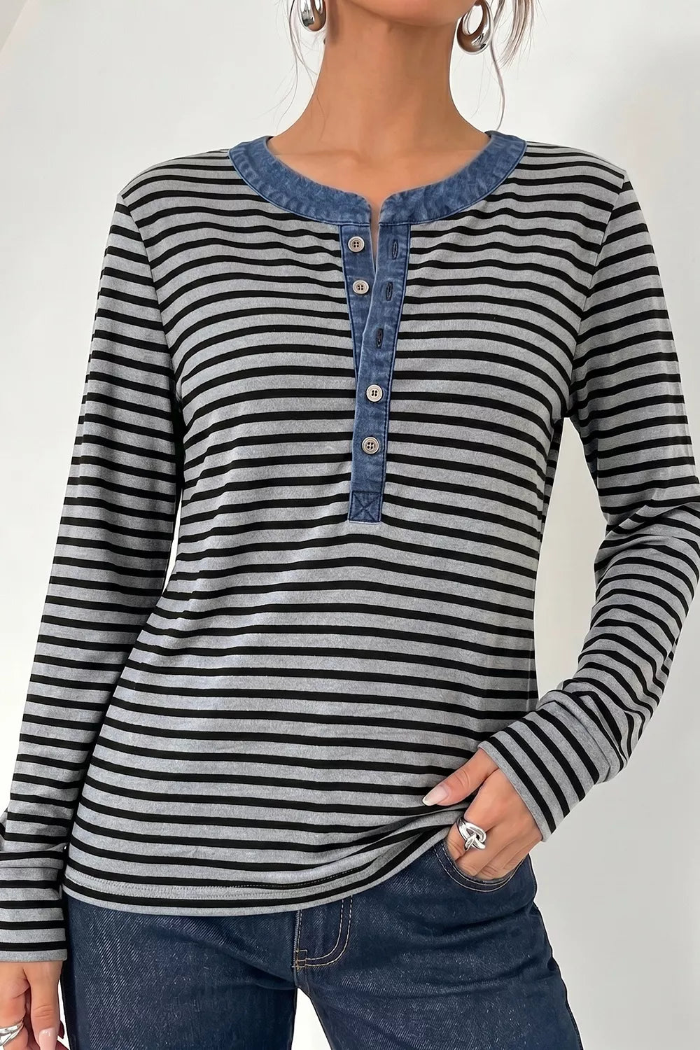 Trendsi Stripe Denim Contrast Collar Half Button Long Sleeve Top -