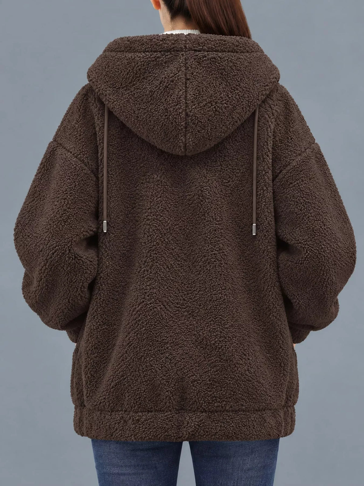 Coffee fleece zip-up hoodie with pockets, back view