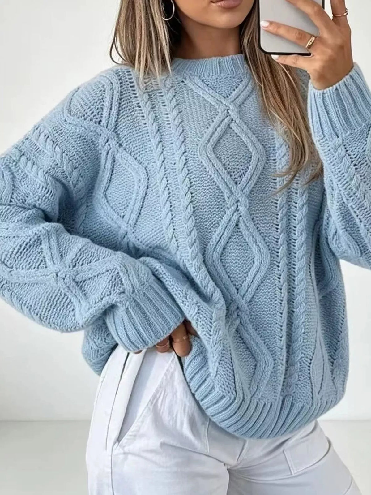 Blue cable-knit round neck sweater