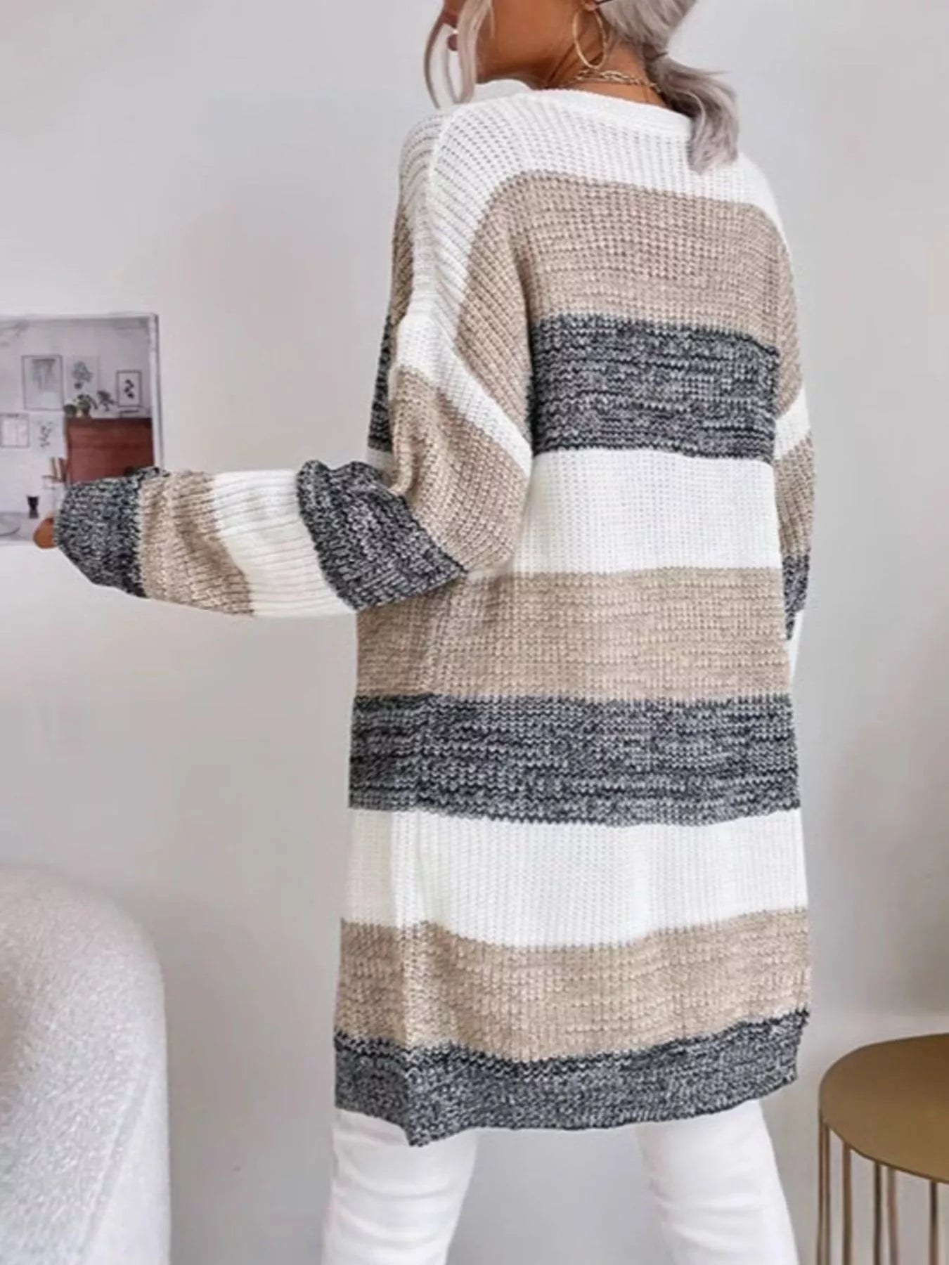 Trendsi Color Block Striped Open Front Longline Cardigan -