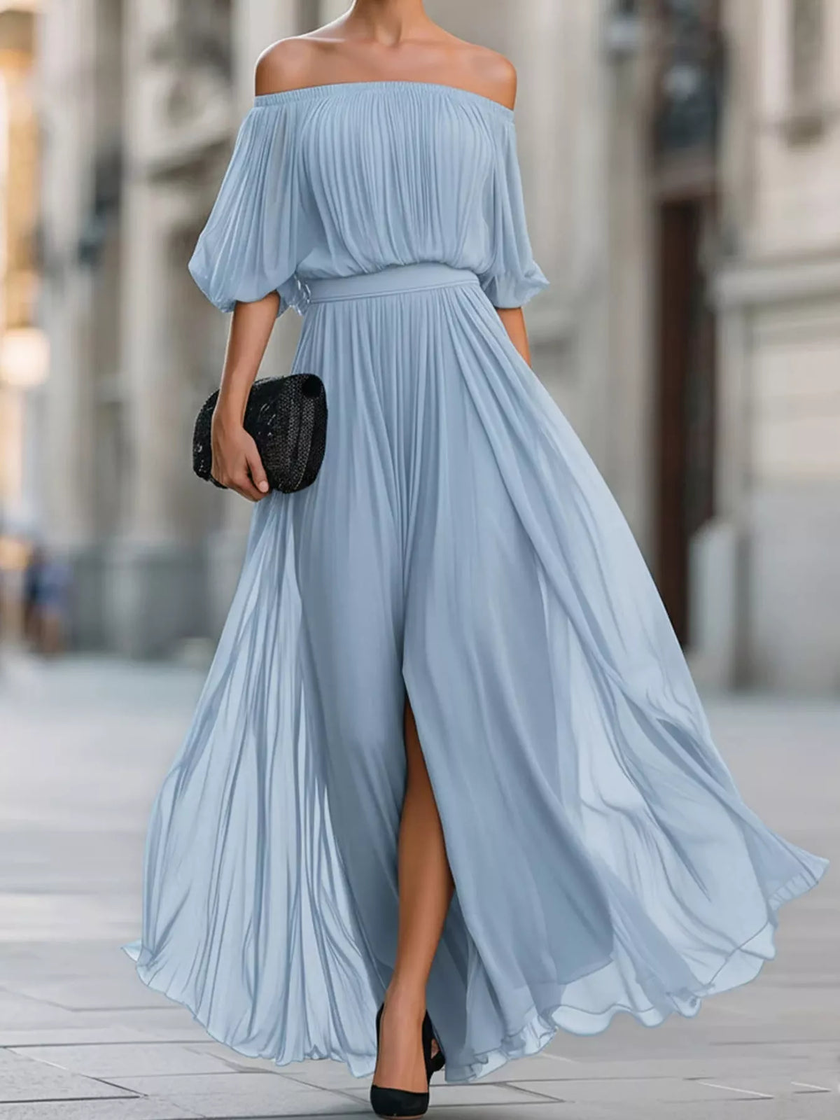 Light blue off shoulder ruched chiffon maxi dress, front view