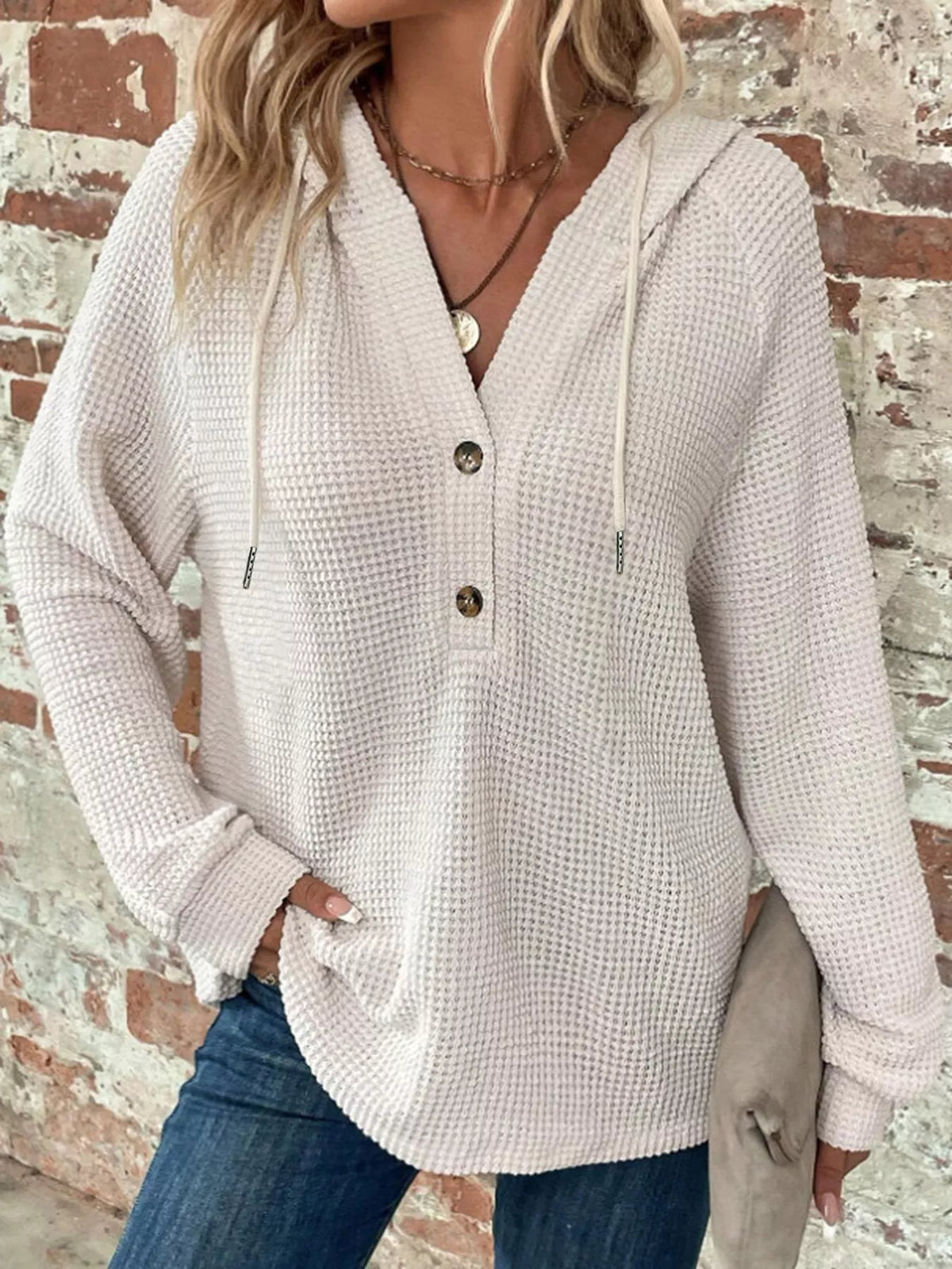 White waffle knit button-detail hoodie
