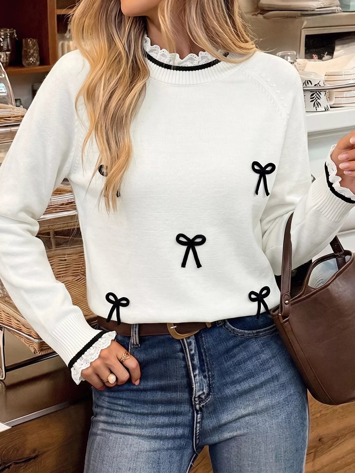 Trendsi Bow-Embellished Lace Trim Sweater -