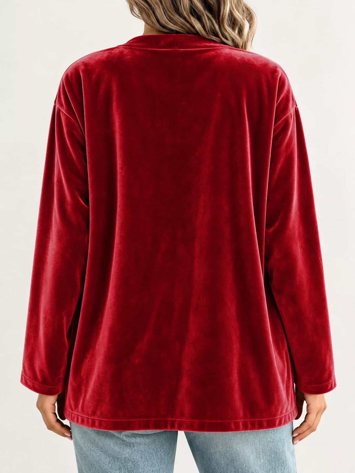 Women's Velvet Open-Front Cardigan in red — back view