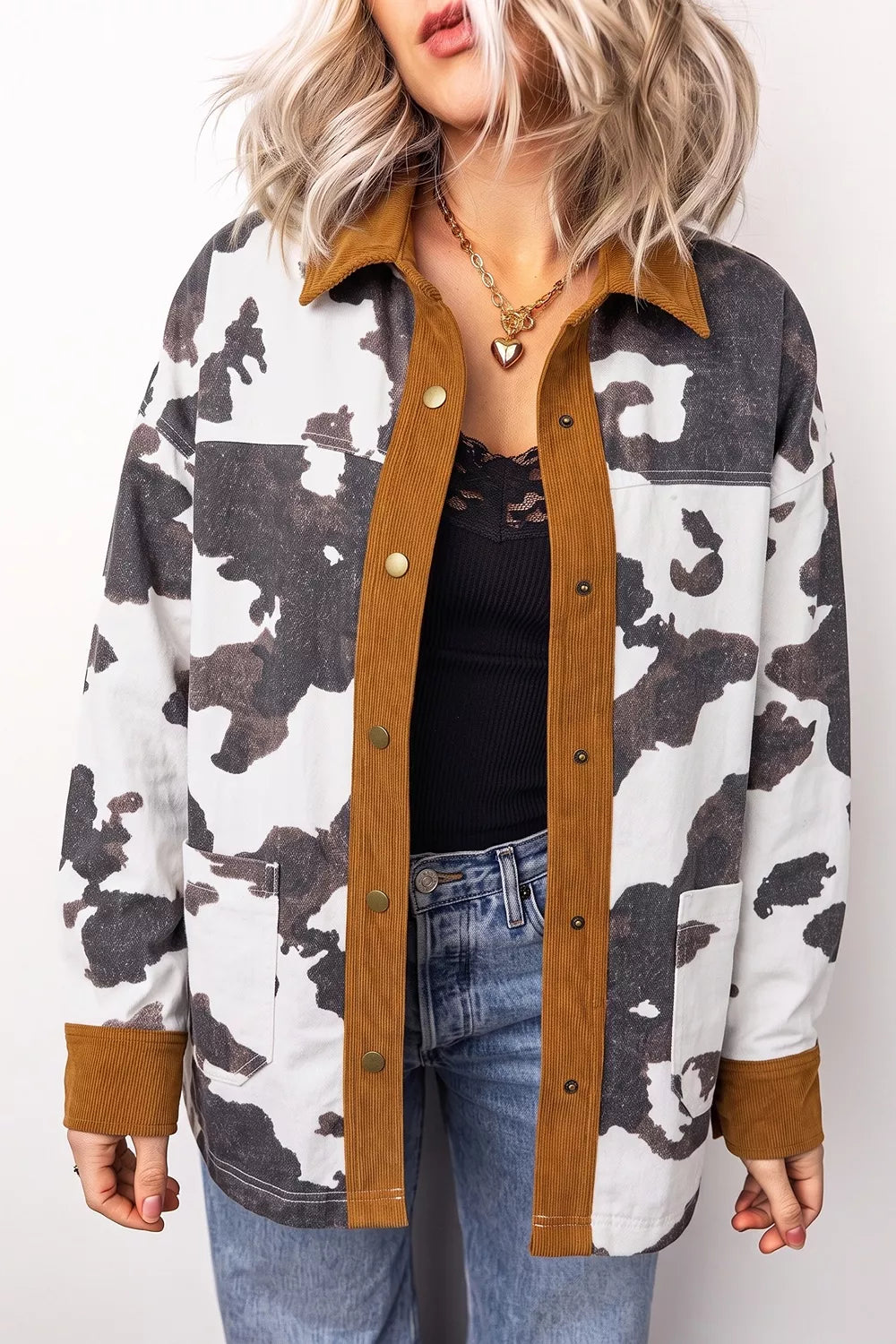 Trendsi Multicolour Western Cow Print Long Sleeve Button-Up Denim Jacket -