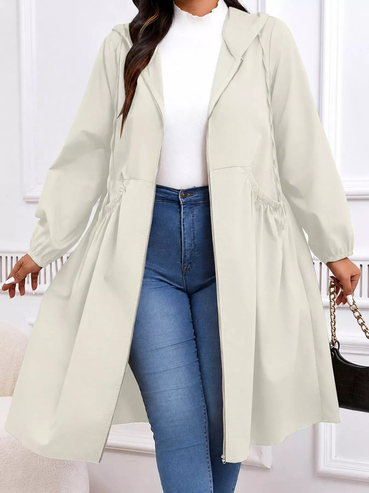 Hooded longline jacket, cream front