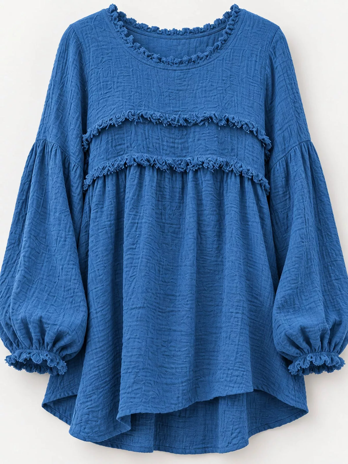 Blue textured frayed-trim peplum blouse, product view