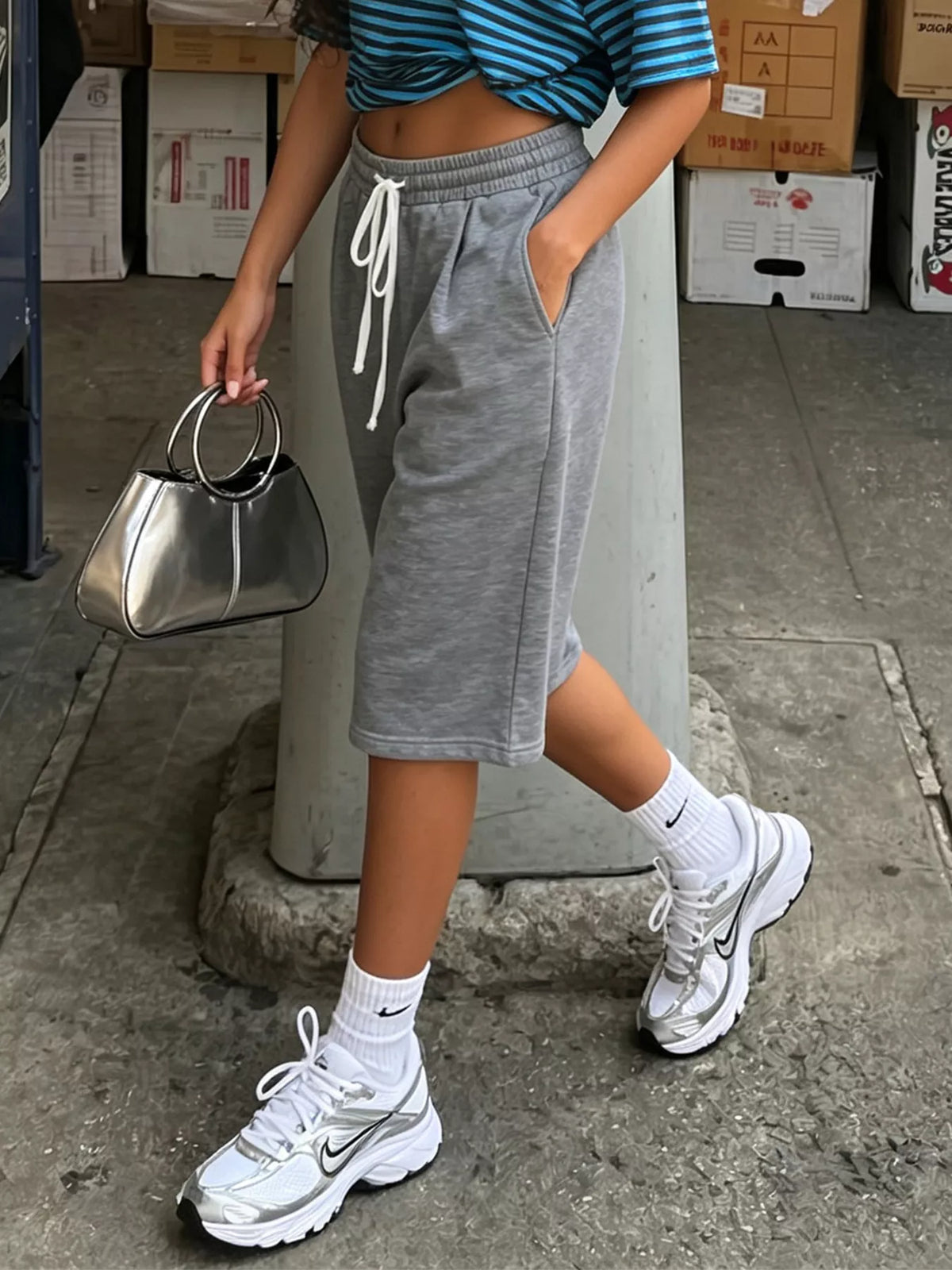 High-Waisted Drawstring Shorts in gray, front view