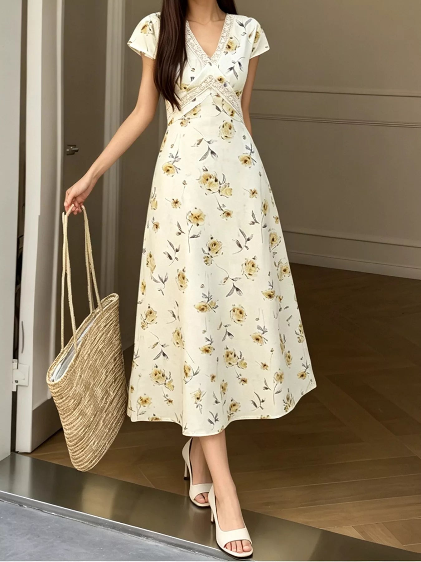 Trendsi Floral V-Neck Midi Dress with Lace Trim -