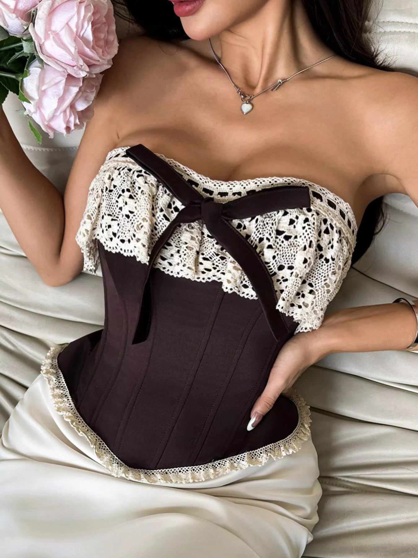 Trendsi Crochet Lace Strapless Boned Corset Lace‑Up Waist Cincher Tube Top -