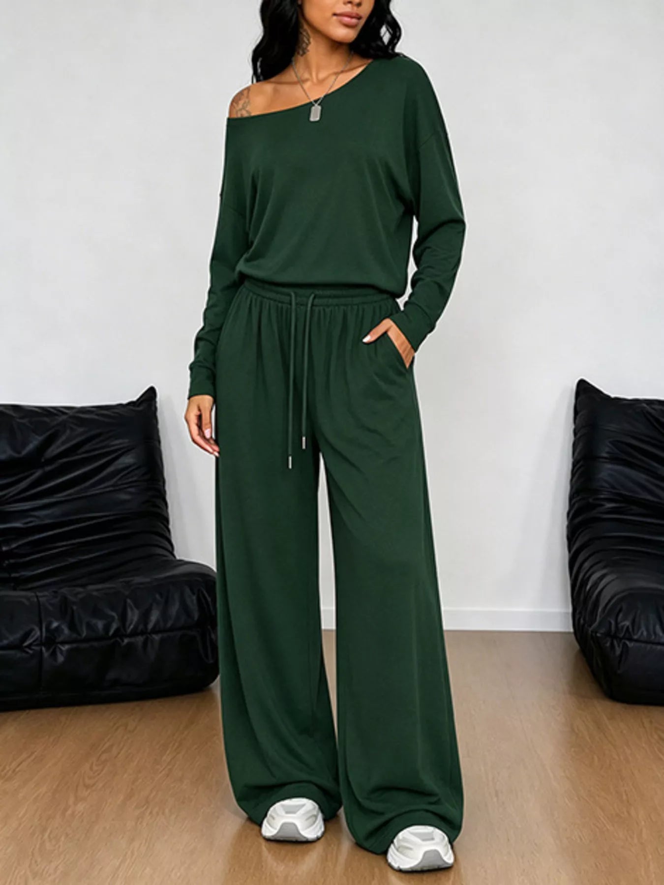 Trendsi Full Size One-Shoulder Top and Drawstring Pants Set Plus Size -