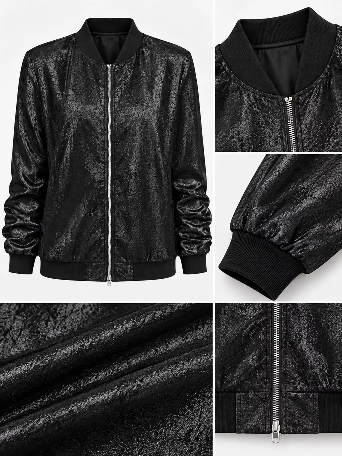 Zip-up bomber jacket, black metallic garment details