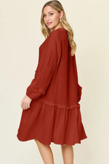 Trendsi Double Take Full Size Texture Half Button Ruffle Trim Dress -