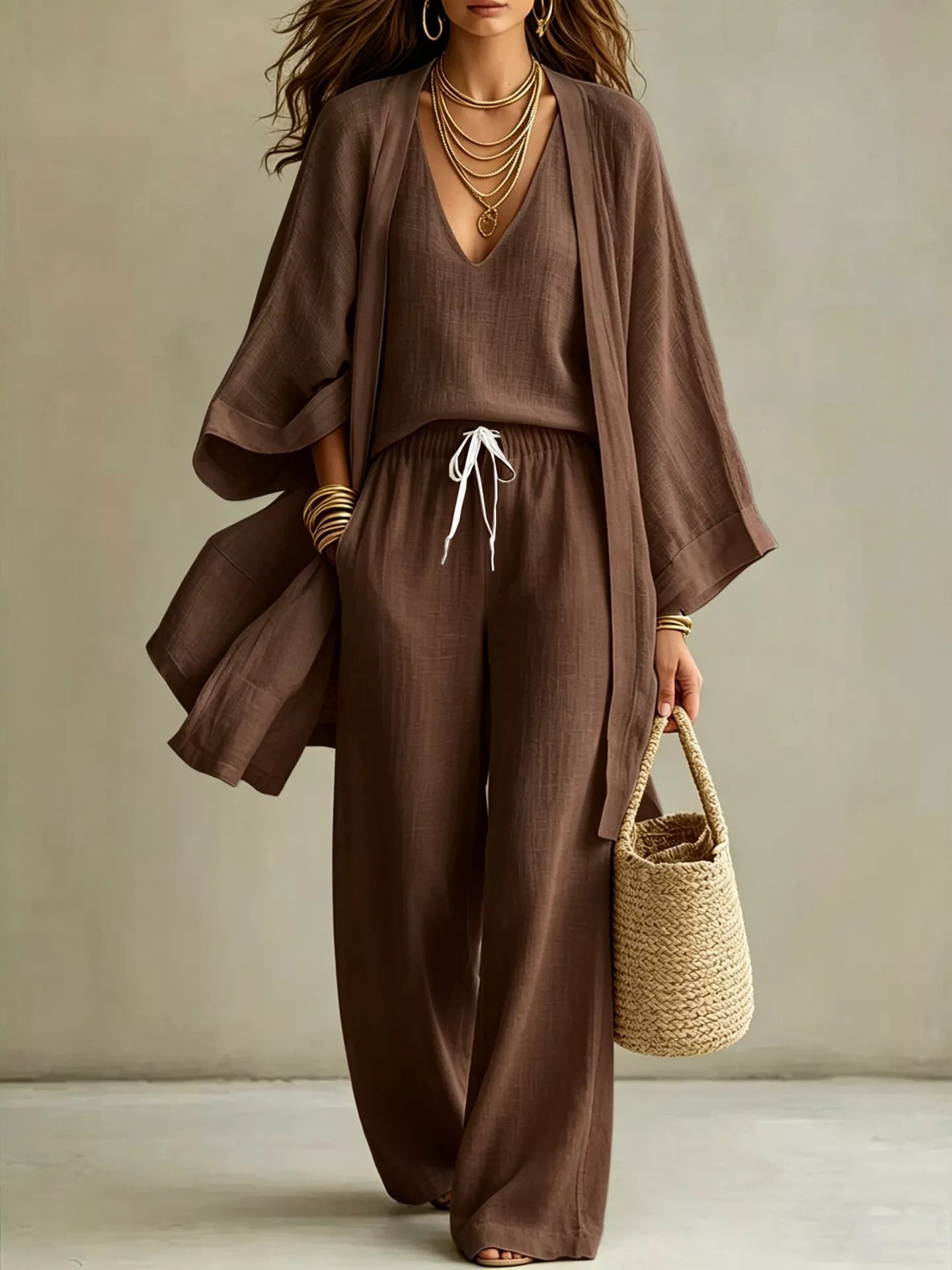 Trendsi V-Neck Top & Cardigan & Pants Three-Piece Set -
