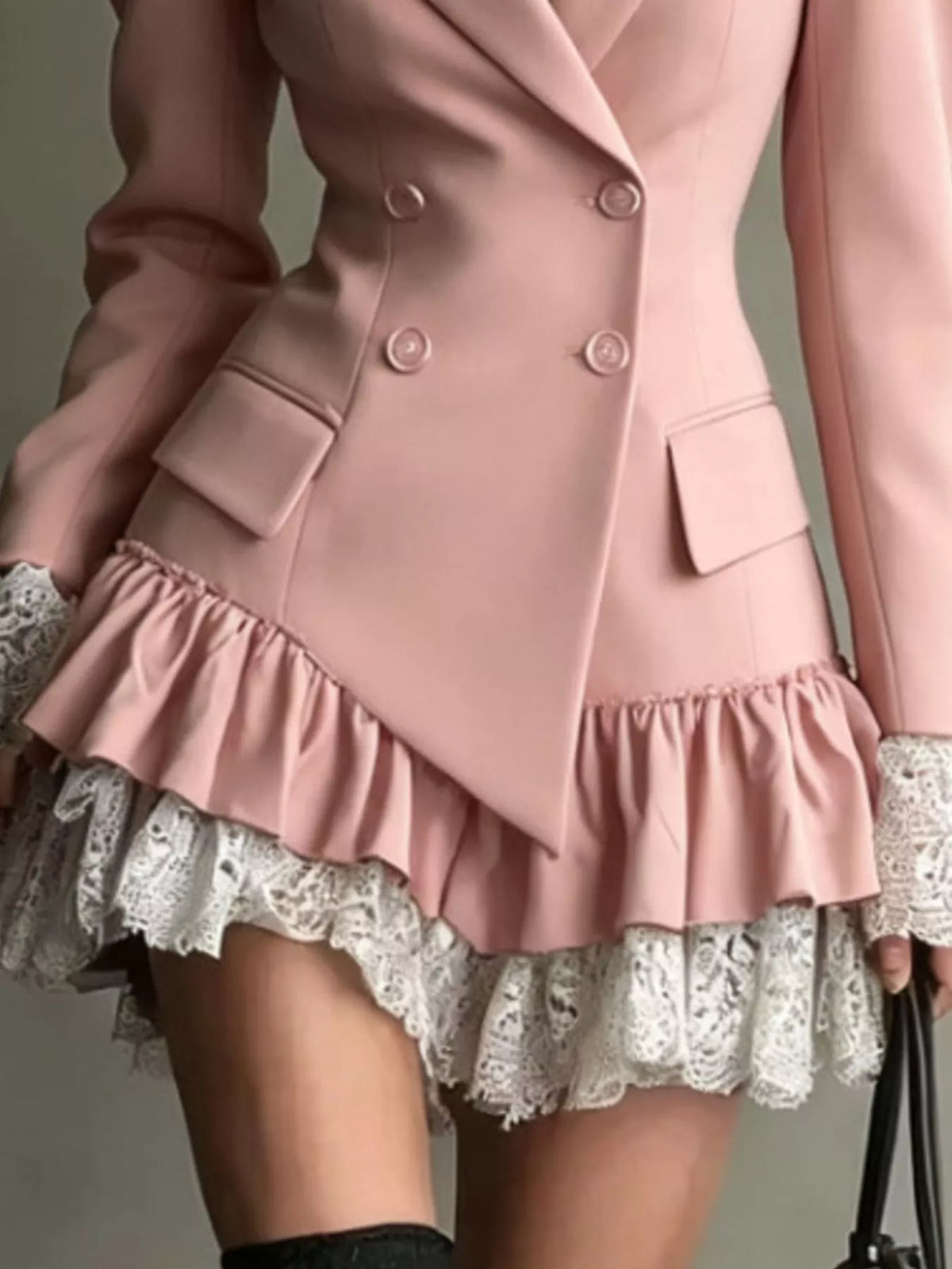 Pink lace trim blazer dress, detail view