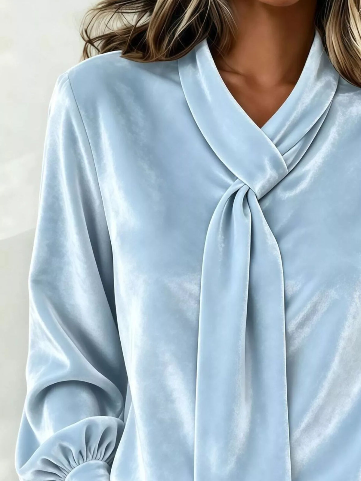 Women's Velvet Tie-Neck Long Sleeve Top in light blue — neckline detail view
