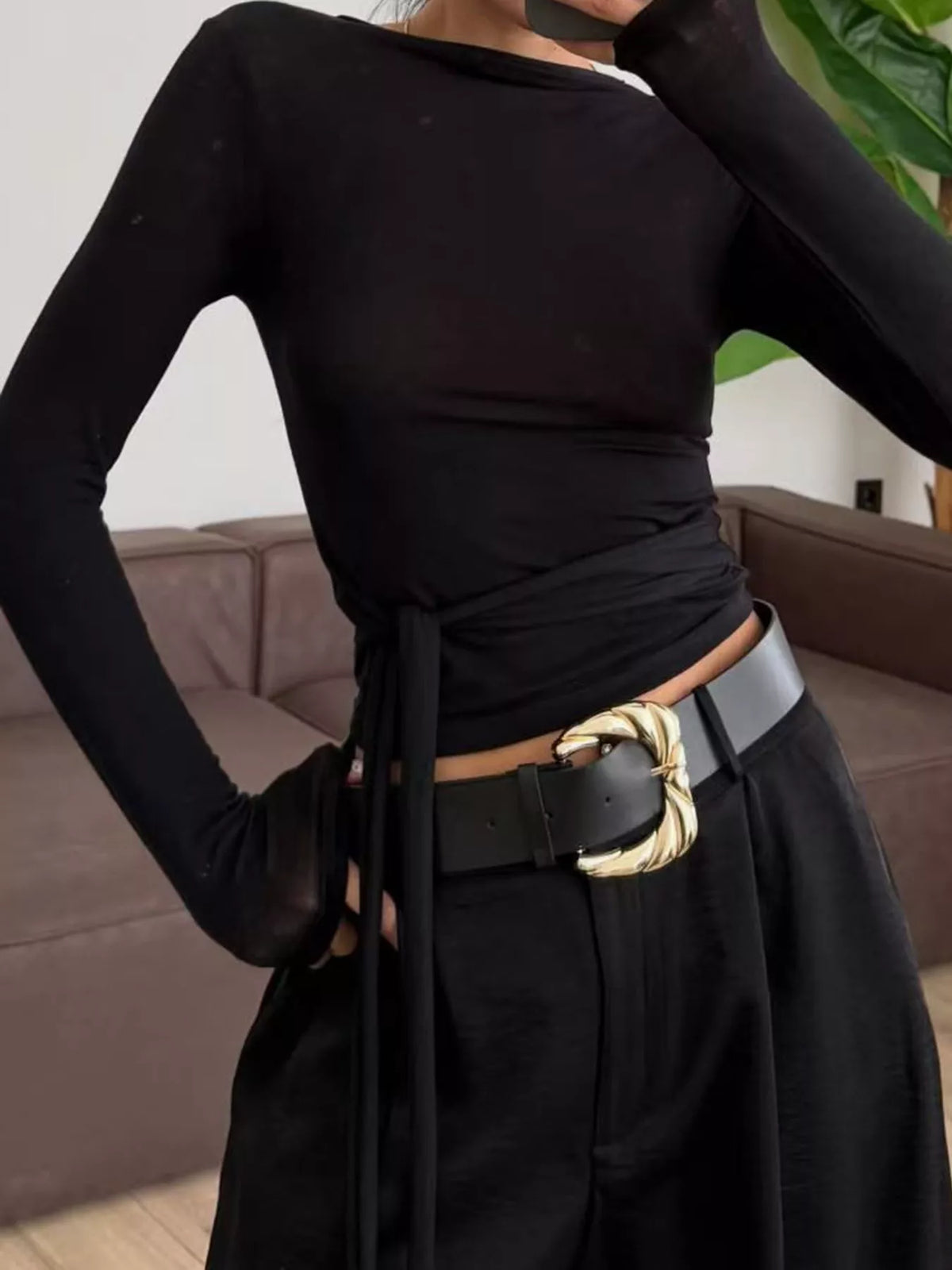 Mock Neck Long Sleeve T-Shirt in black, front view