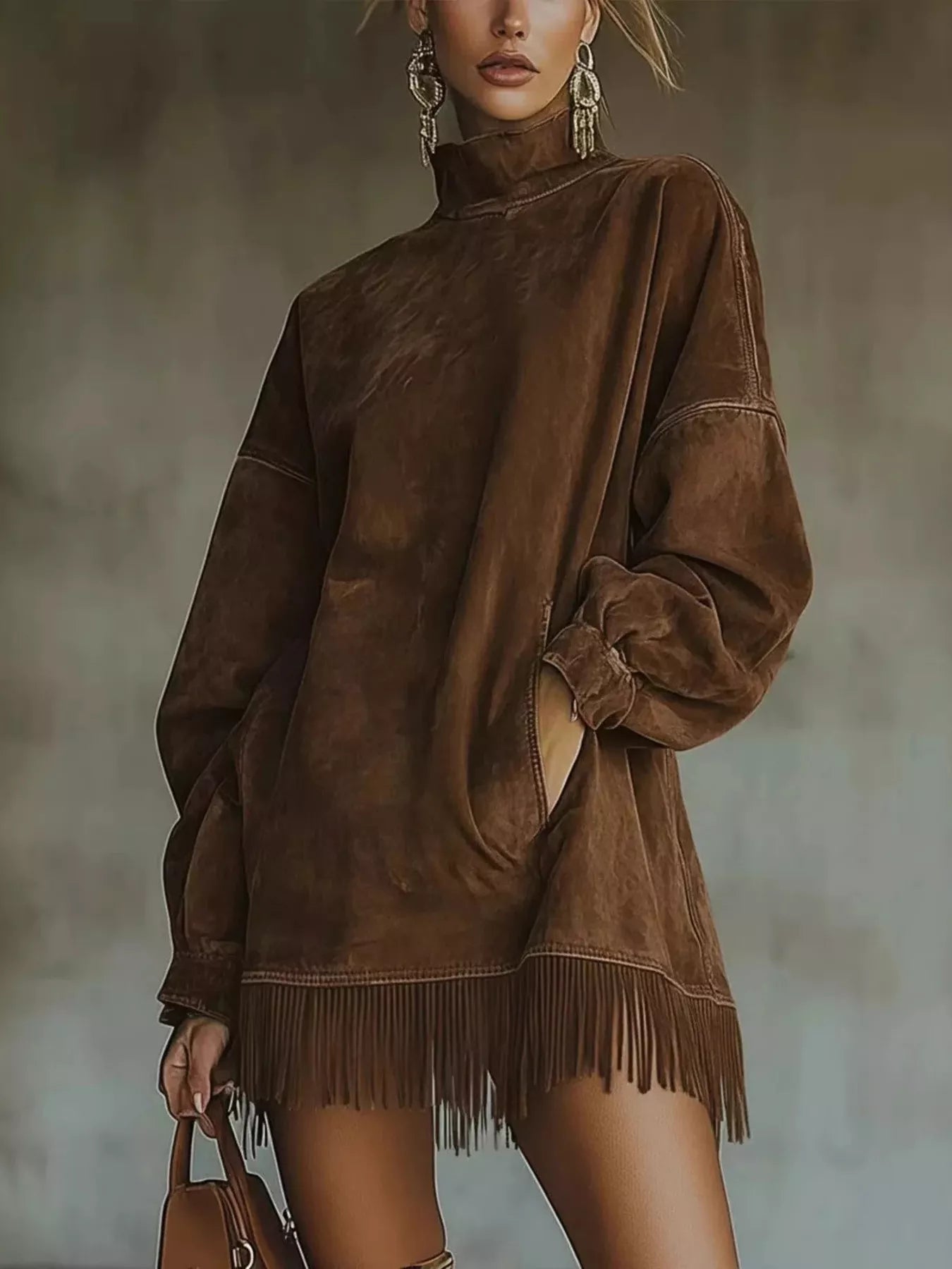 Trendsi Full Size Mock Neck Fringed Hem Long Sleeve Mini Dress Plus Size -