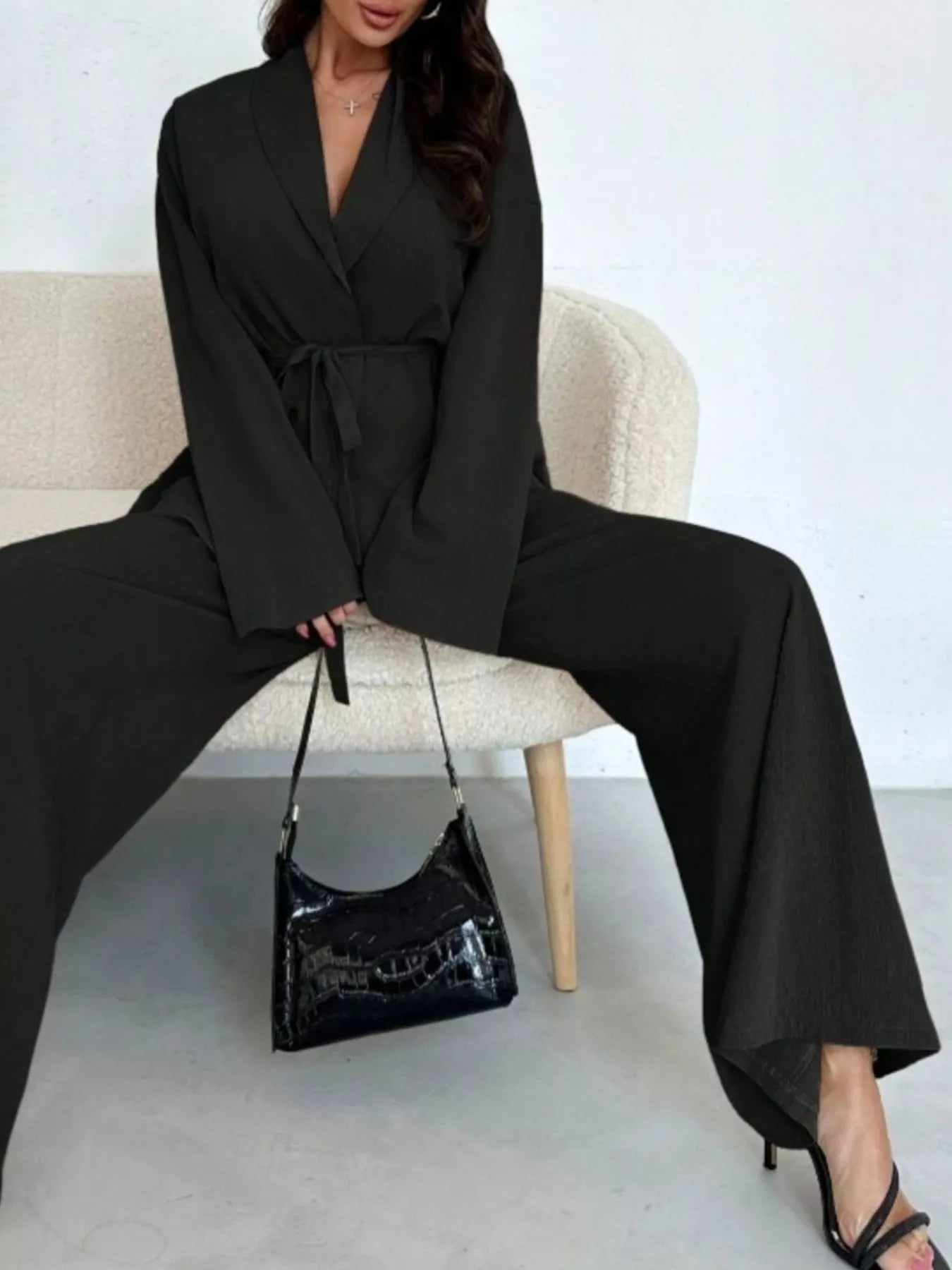 Trendsi Textured Tie Waist Top and Wide-Leg Pants Set -