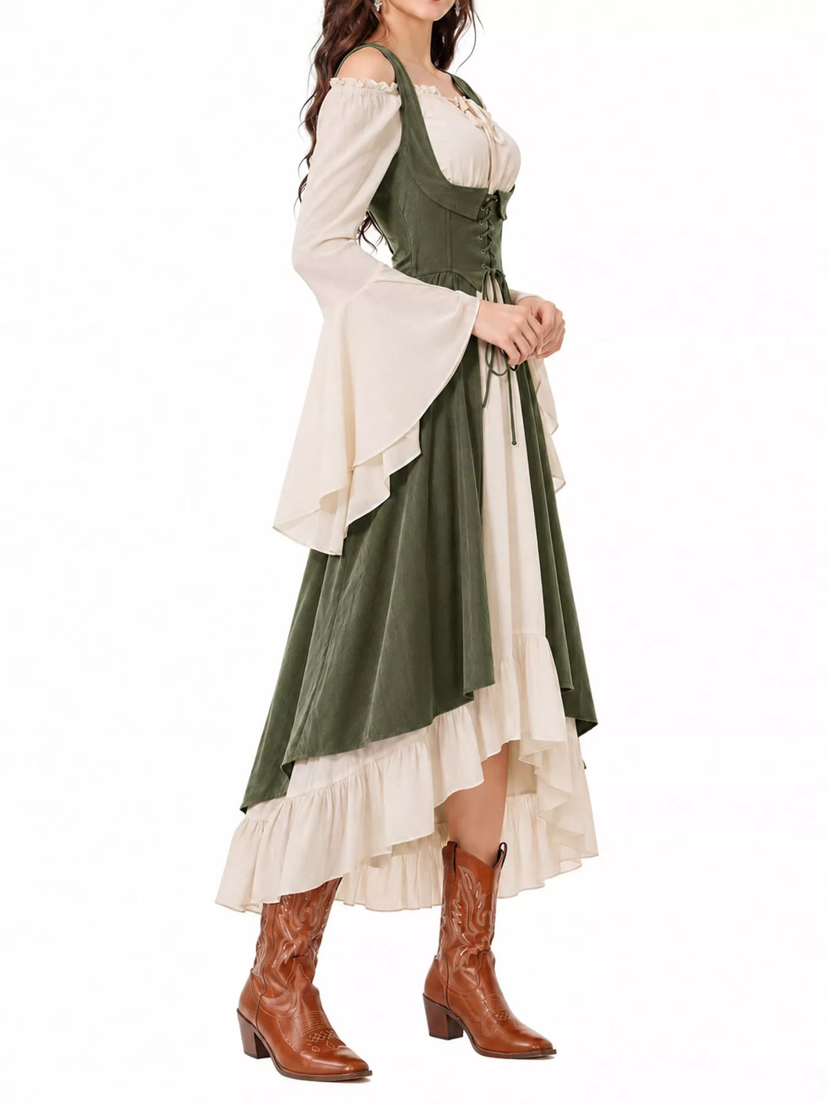 Green corset style lace-up bell sleeve dress — side view