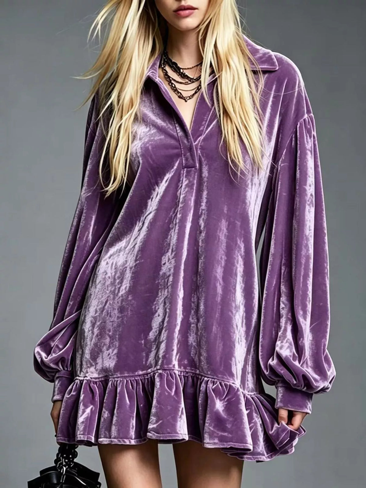 Mauve Velvet Long Sleeve Ruffle-Hem Mini Dress front view