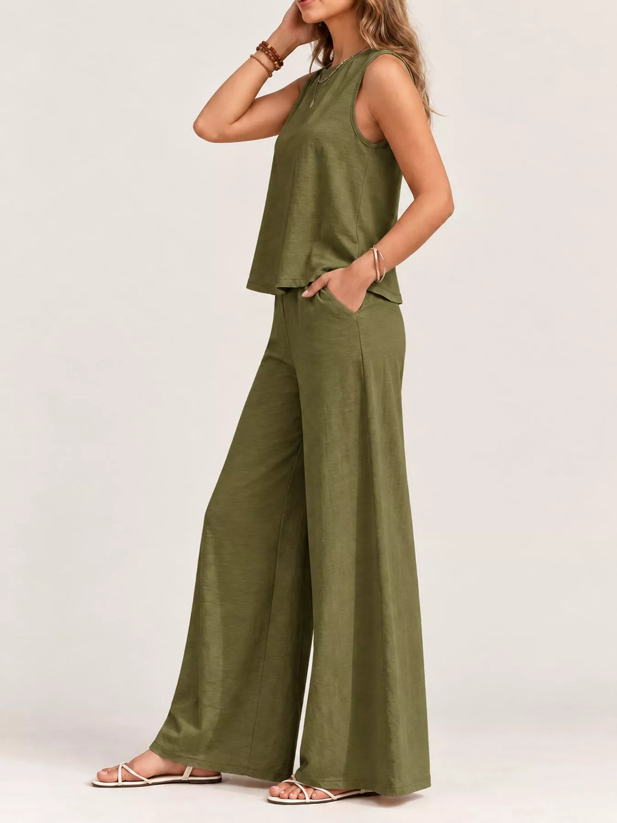 Sleeveless Tank Top and Wide-Leg Pants Set — side view