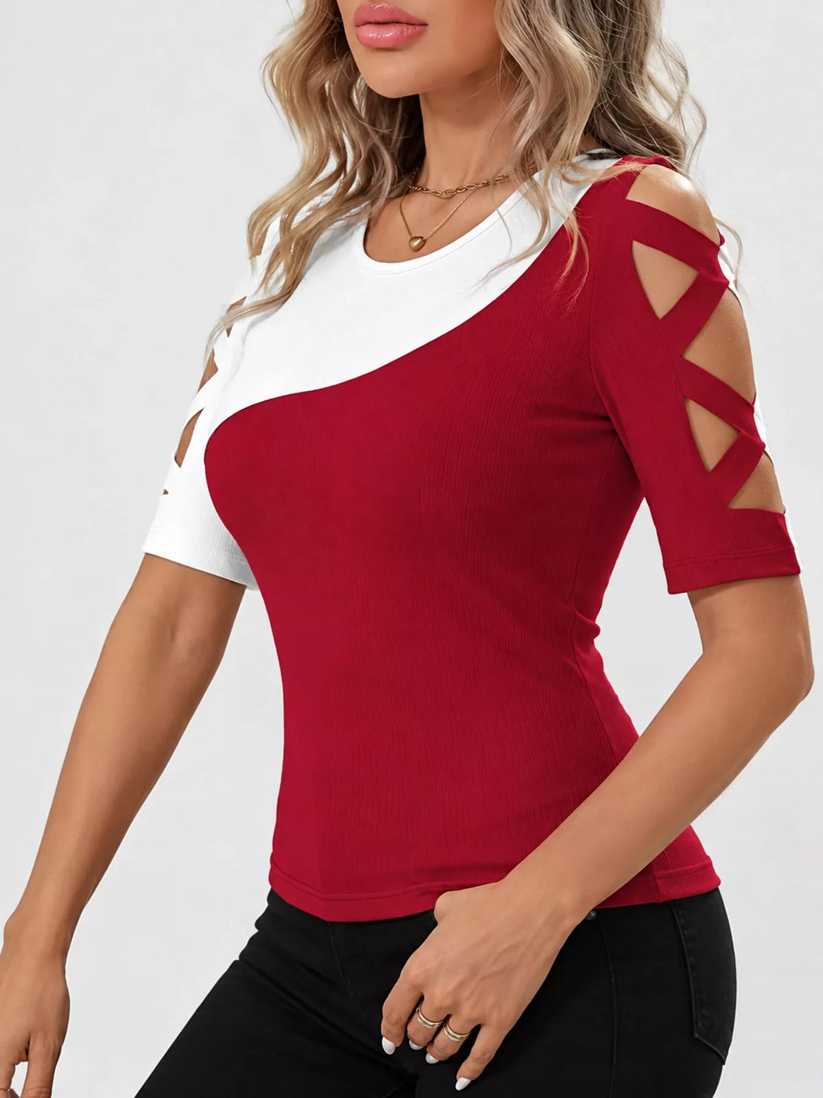 Colorblock cutout top, red and white front