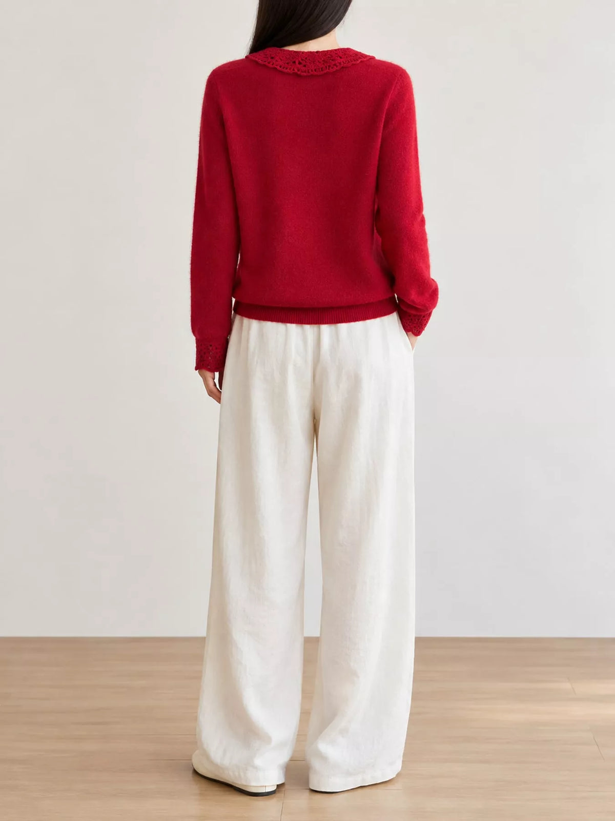 Lace-collar cardigan, red back
