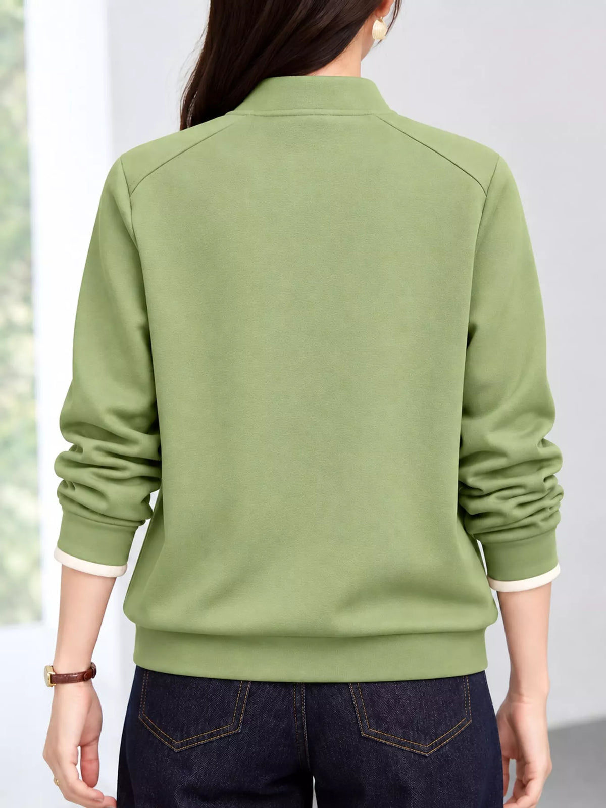 Quarter-Zip Sweatshirt with Contrast Collar, back view in green