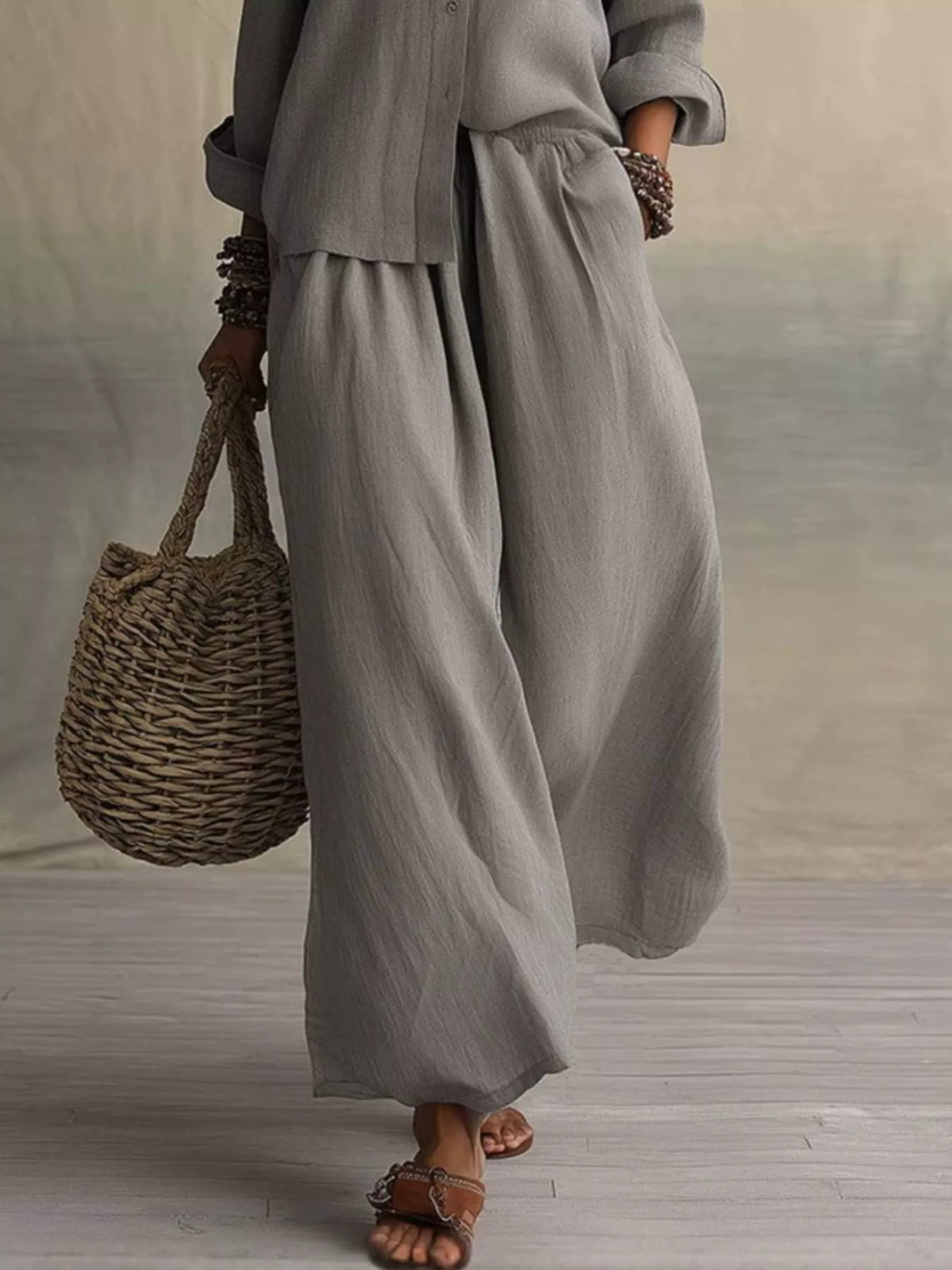 Trendsi Full Size Button Up Shirt and Wide-Leg Pants Set Plus Size -