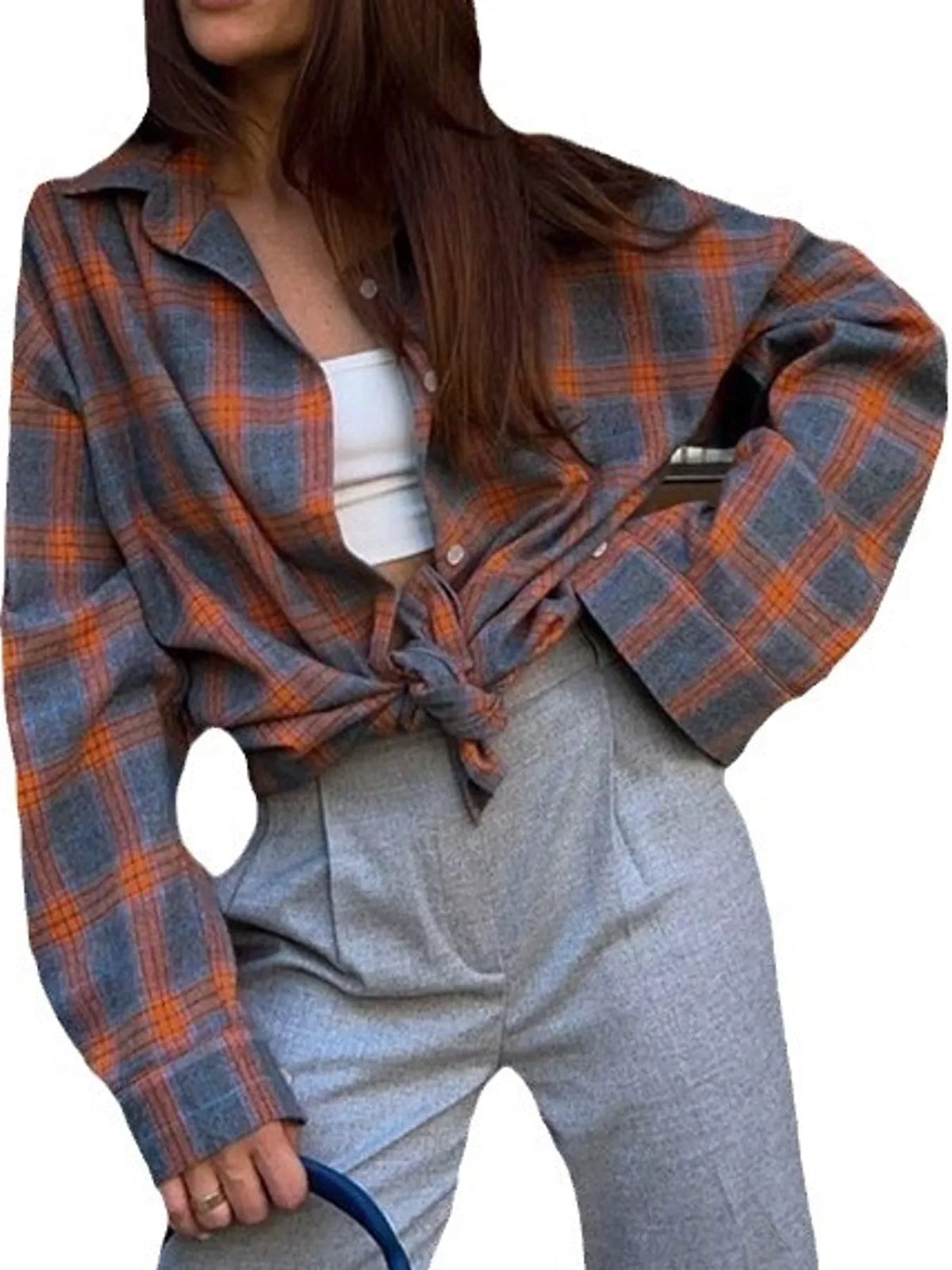 Orange plaid button up shirt