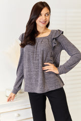 Trendsi Double Take Square Neck Ruffle Shoulder Long Sleeve T-Shirt -