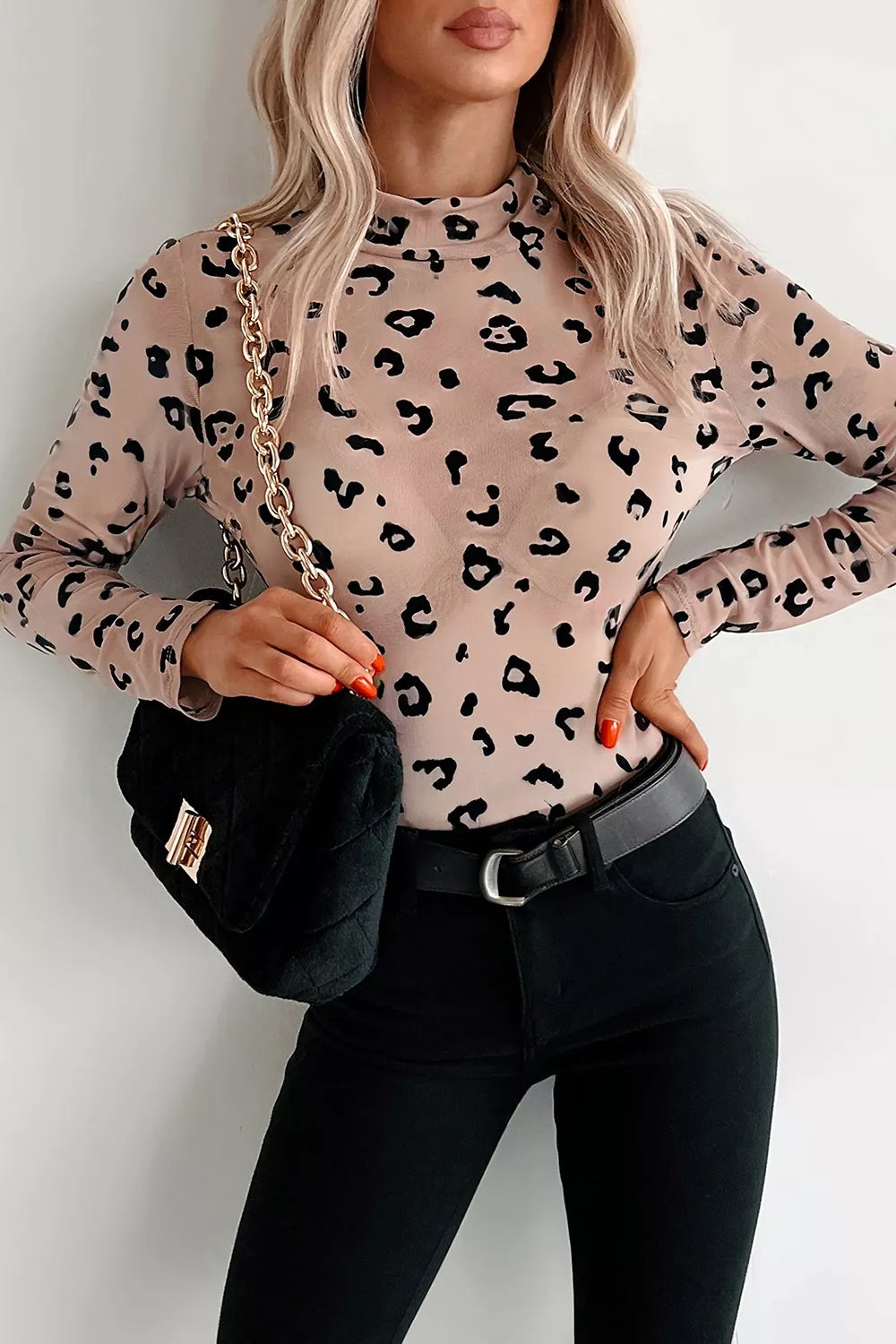Trendsi Mock Neck Sheer Mesh Leopard Long Sleeve Bodysuit -