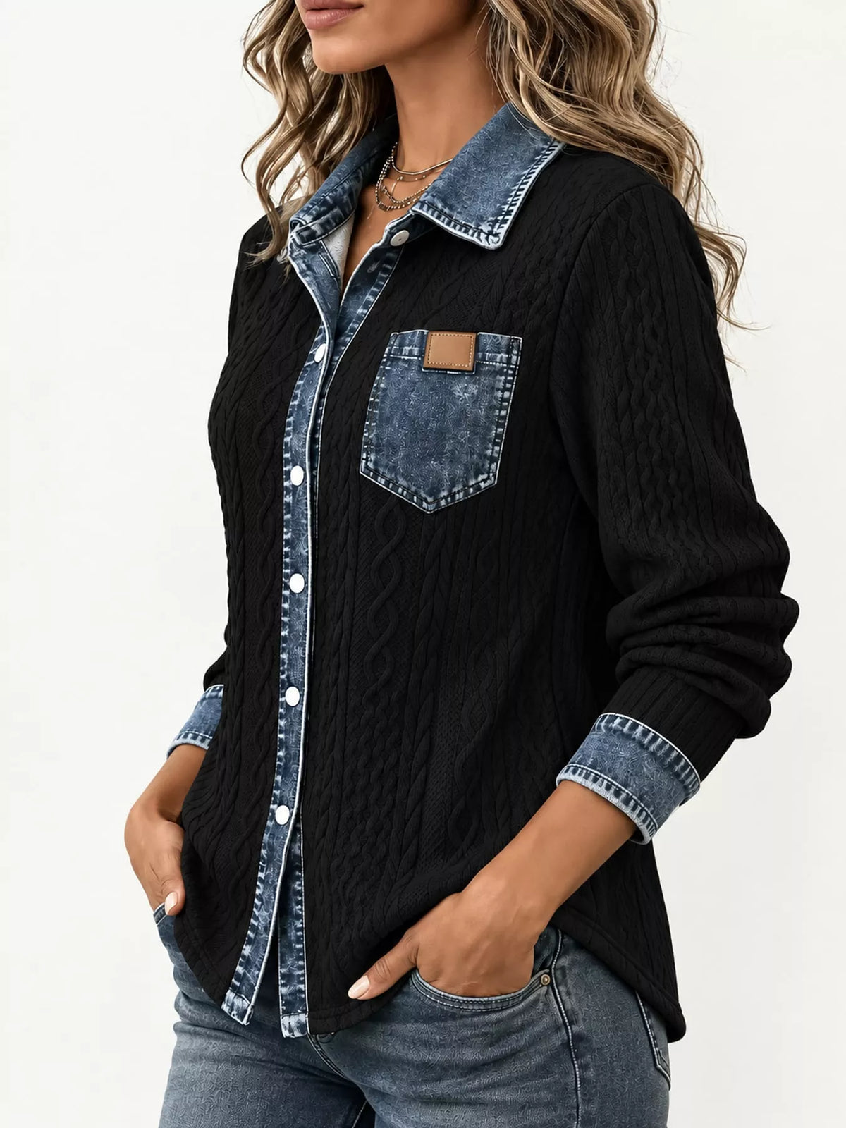 Contrast Denim Trim Textured Button-Down Shirt — front view